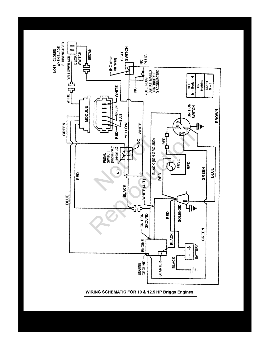 Snapper 85623, 84941 manual Wiring Schematic 10, 11 & 12.5HP Briggs, Reproduction, Manual No, 7006278, Standard Deck, Series 
