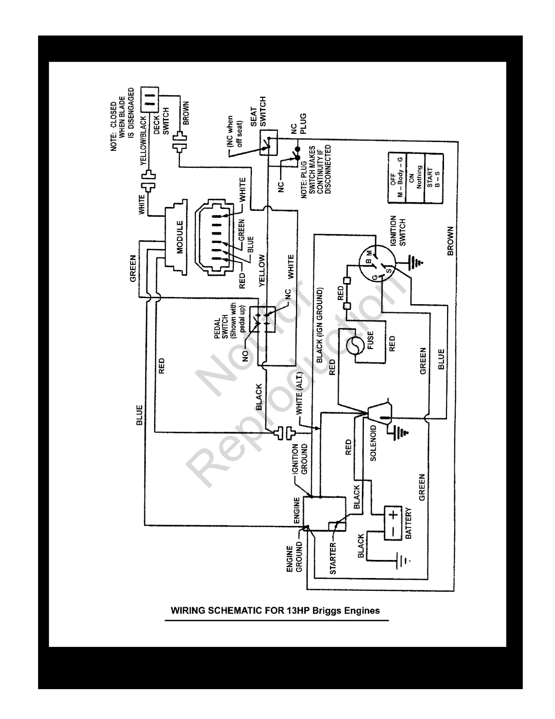 Snapper 84877, 84941, 85623, 84875 Wiring Schematic 13HP Briggs, Reproduction, Manual No, 7006278, Standard Deck, Series 