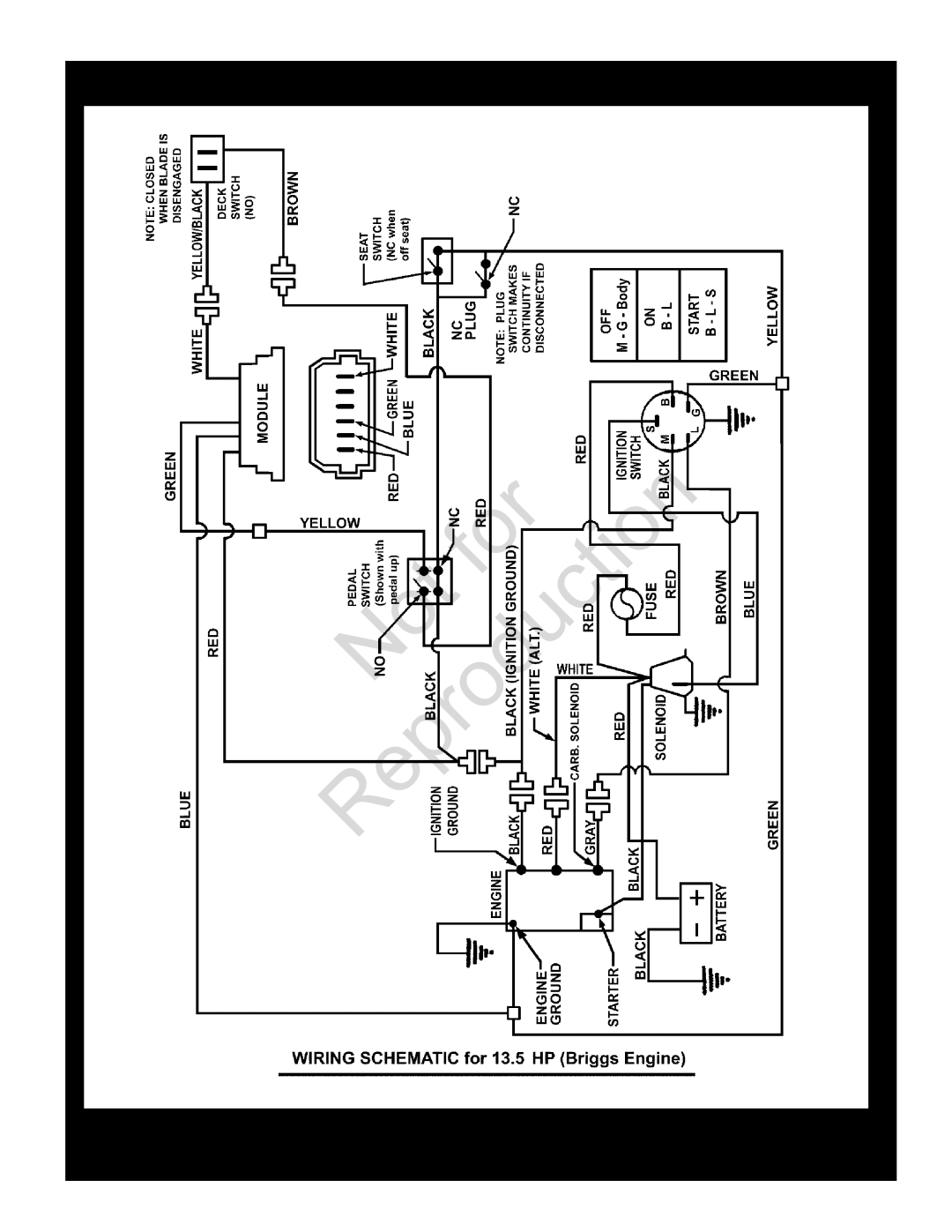 Snapper 84873, 84941, 85623, 84875 Wiring Schematic 13.5HP Briggs, Reproduction, Manual No, 7006278, Standard Deck, Series 