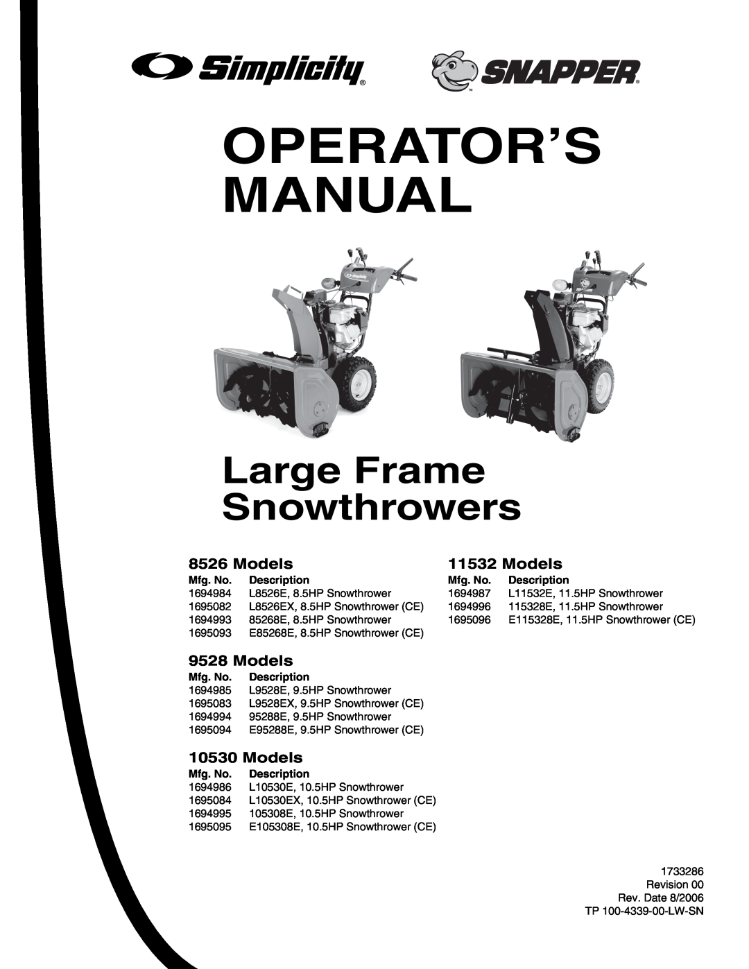 Snapper 8526, 9528, 10530, 11532 manual Models, Operator’S Manual, Large Frame Snowthrowers, Mfg. No, Description 