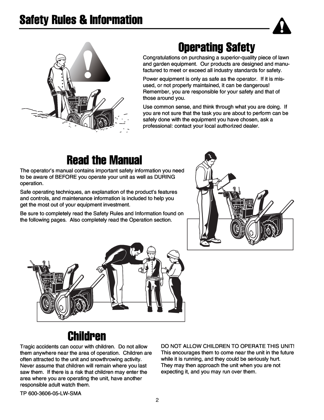 Snapper 8526, 9528, 10530, 11532 manual Safety Rules & Information Operating Safety, Read the Manual, Children 
