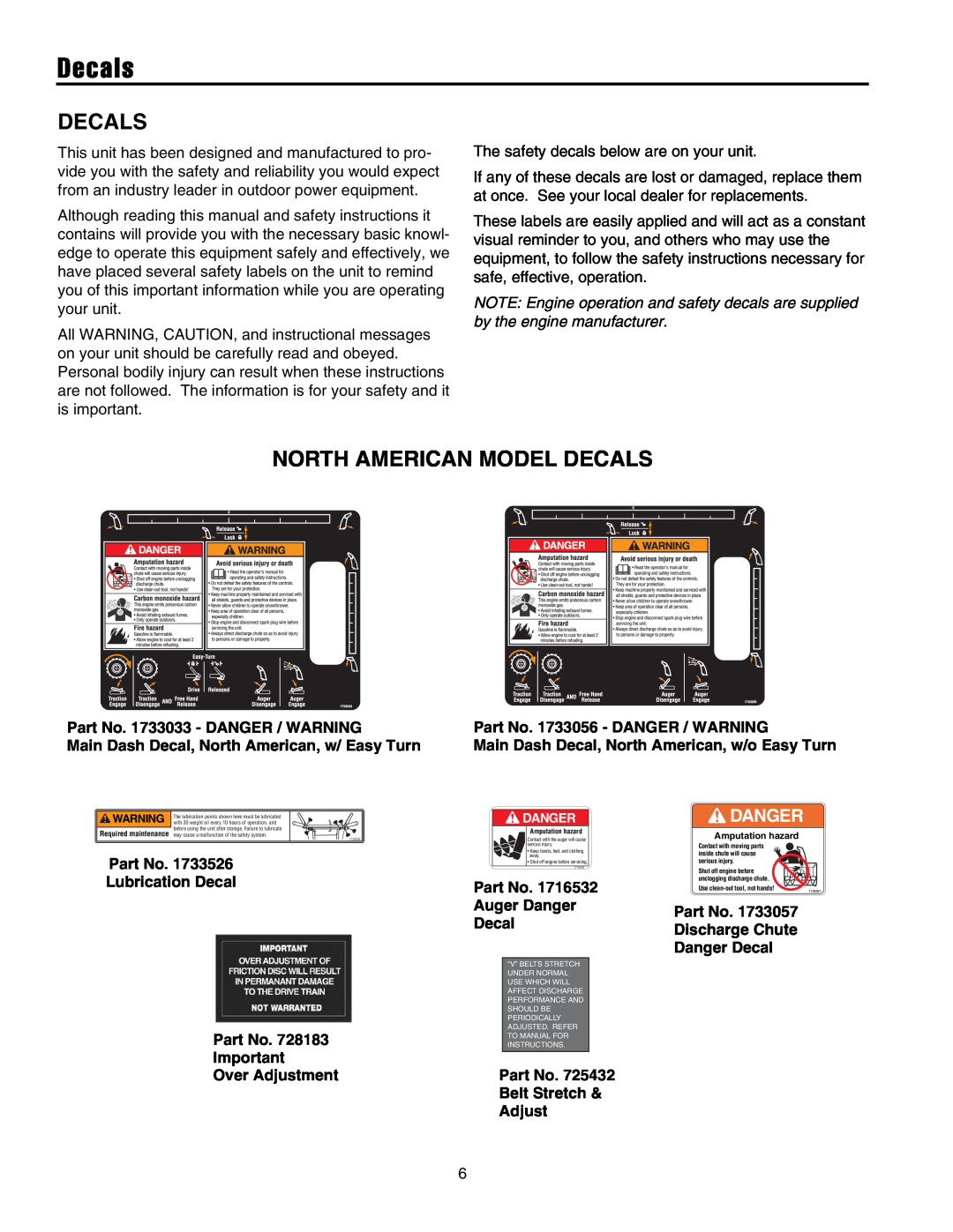 Snapper 8526, 9528, 10530, 11532 manual North American Model Decals, Danger 