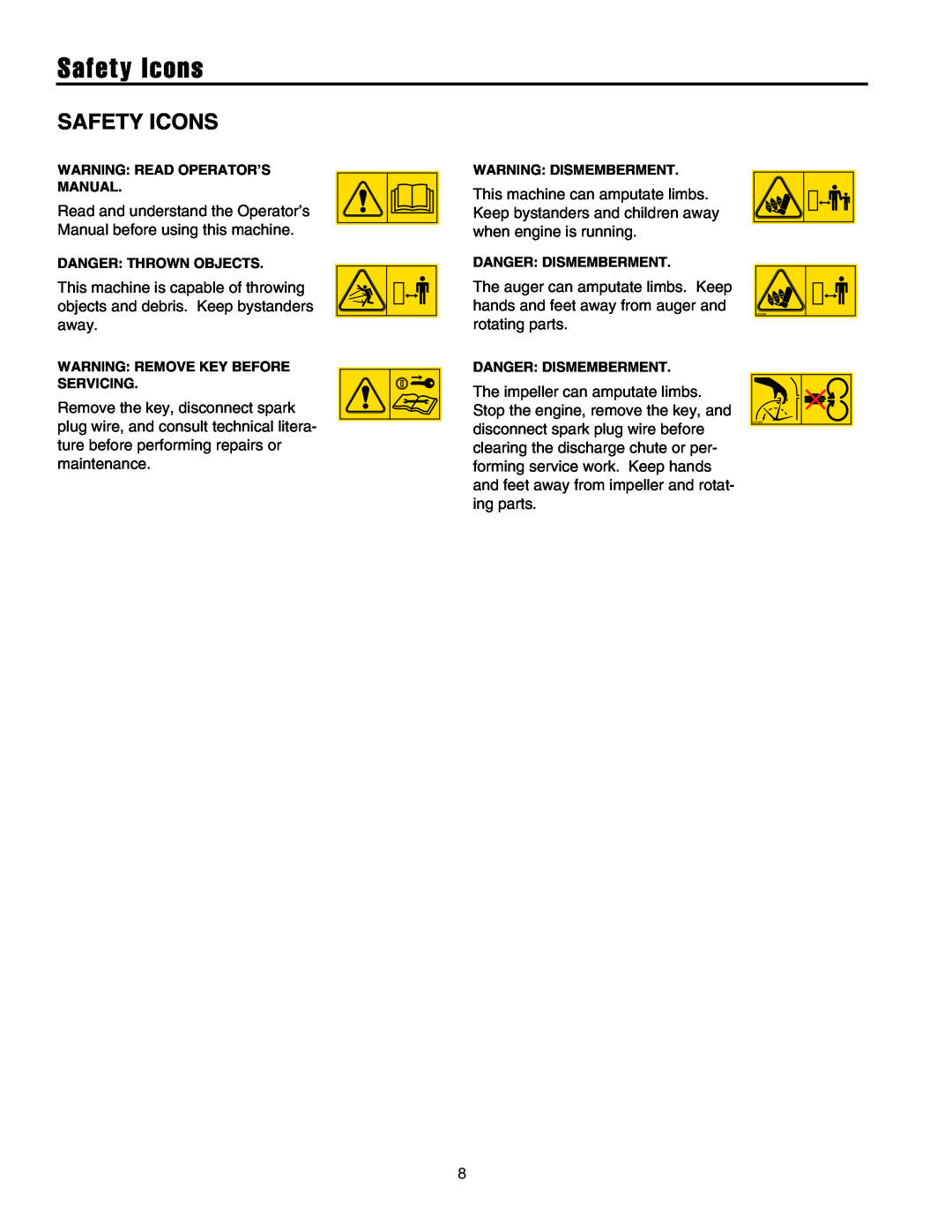 Snapper 8526, 9528, 10530, 11532 manual Safety Icons 