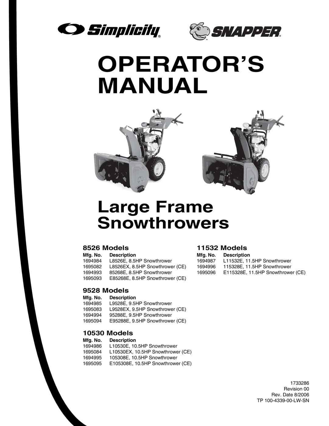 Snapper 8526, 9528, 10530, 11532 manual OPERATOR’S Manual, Models 