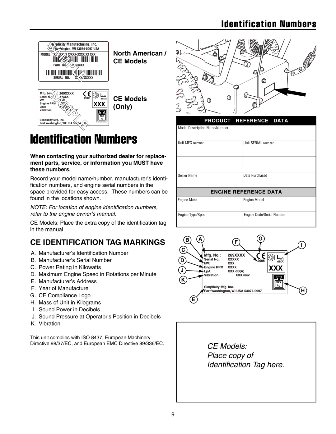 Snapper 8526, 9528, 10530, 11532 Identification Numbers, CE Identification TAG Markings, North American, CE Models, Only 