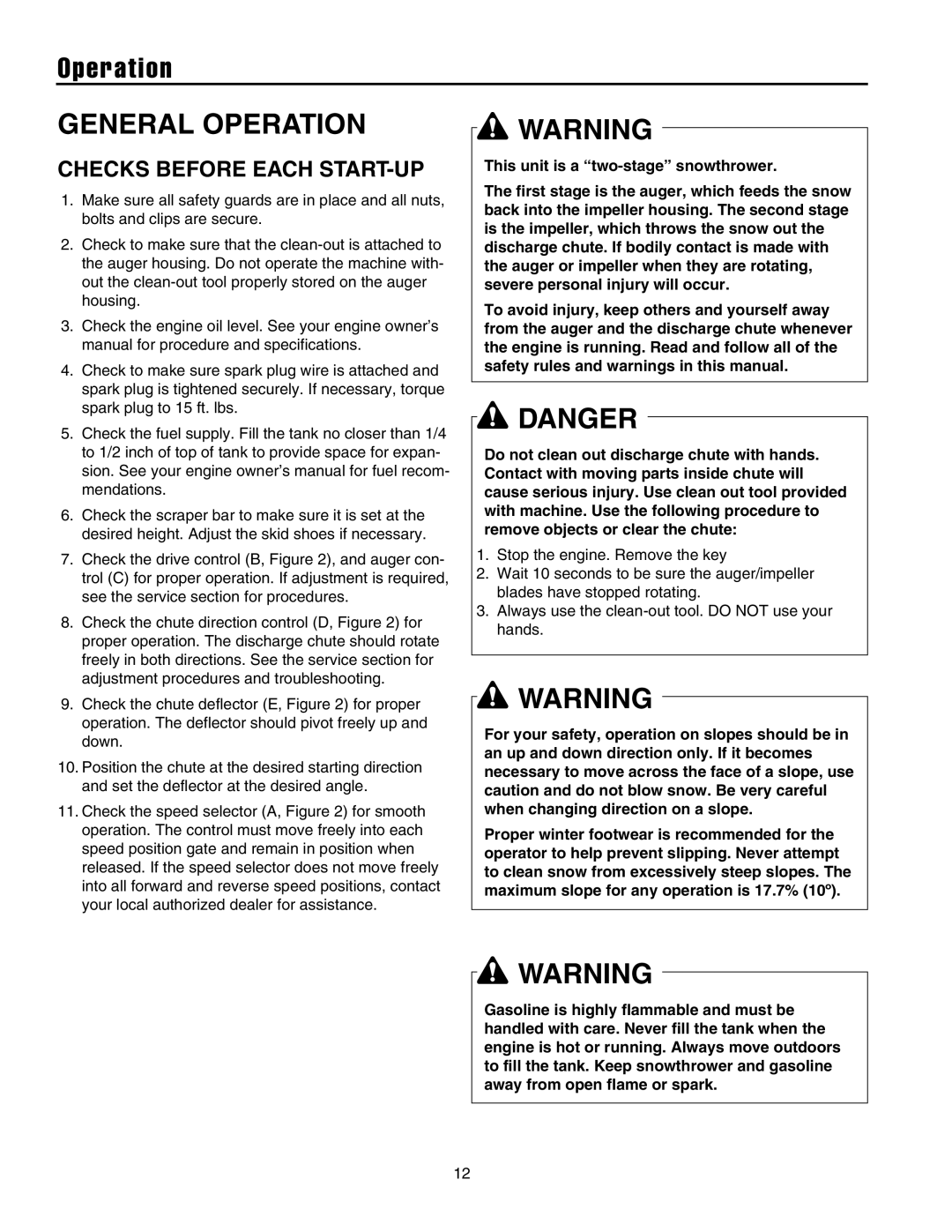 Snapper 8526, 9528, 10530, 11532 manual Operation, Checks Before Each START-UP 