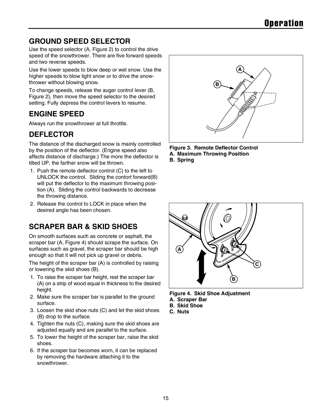 Snapper 8526, 9528, 10530, 11532 manual Ground Speed Selector, Engine Speed, Deflector, Scraper BAR & Skid Shoes 