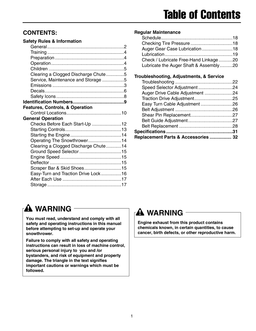 Snapper 8526, 9528, 10530, 11532 manual Table of Contents 