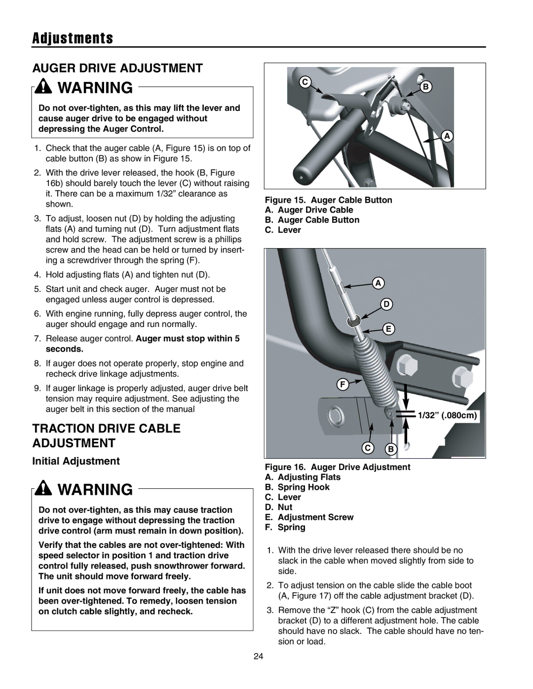 Snapper 8526, 9528, 10530, 11532 Adjustments, Auger Drive Adjustment, Traction Drive Cable Adjustment, Initial Adjustment 