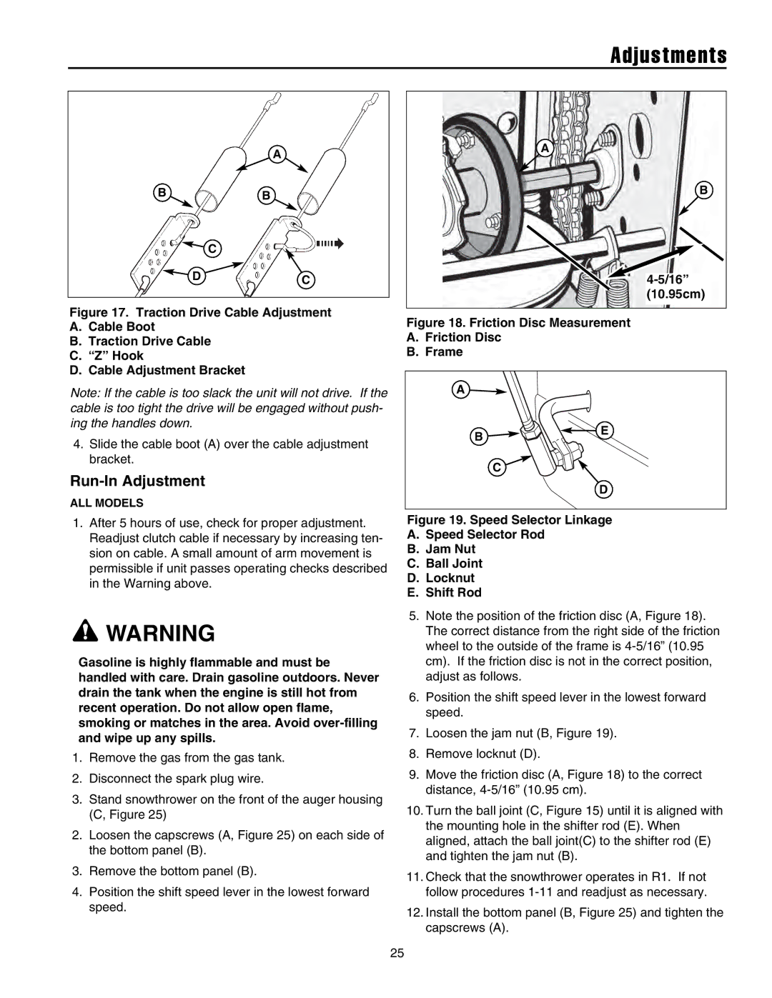 Snapper 8526, 9528, 10530, 11532 manual Run-In Adjustment, 16 10.95cm 