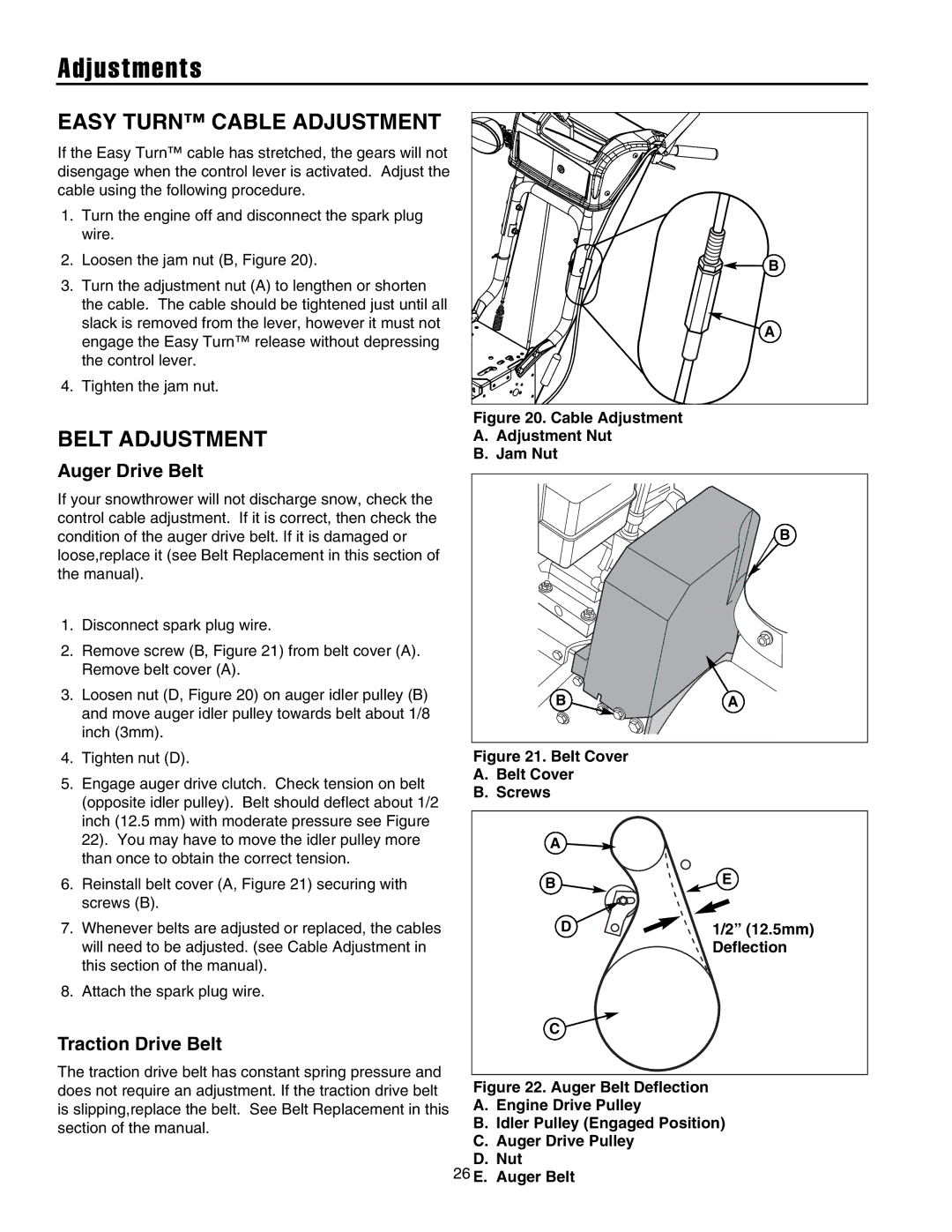 Snapper 8526, 9528, 10530, 11532 manual Easy Turn Cable Adjustment, Belt Adjustment, Auger Drive Belt, Traction Drive Belt 