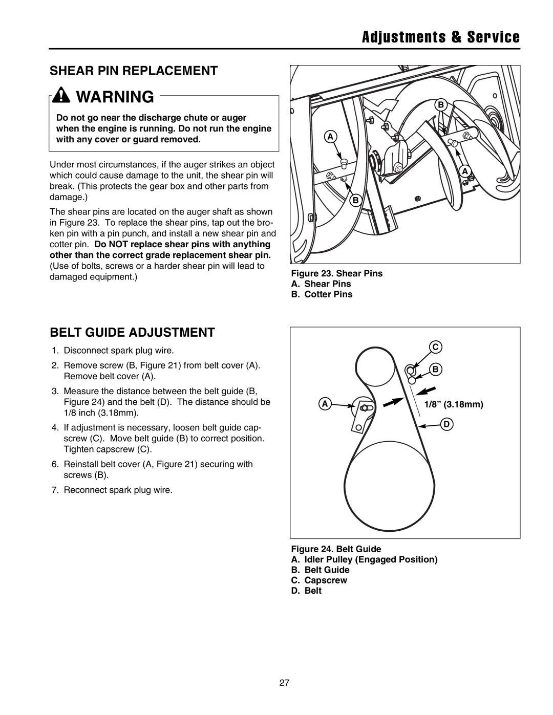 Snapper 8526, 9528, 10530, 11532 manual Adjustments & Service, Shear PIN Replacement, Belt Guide Adjustment, 3.18mm 