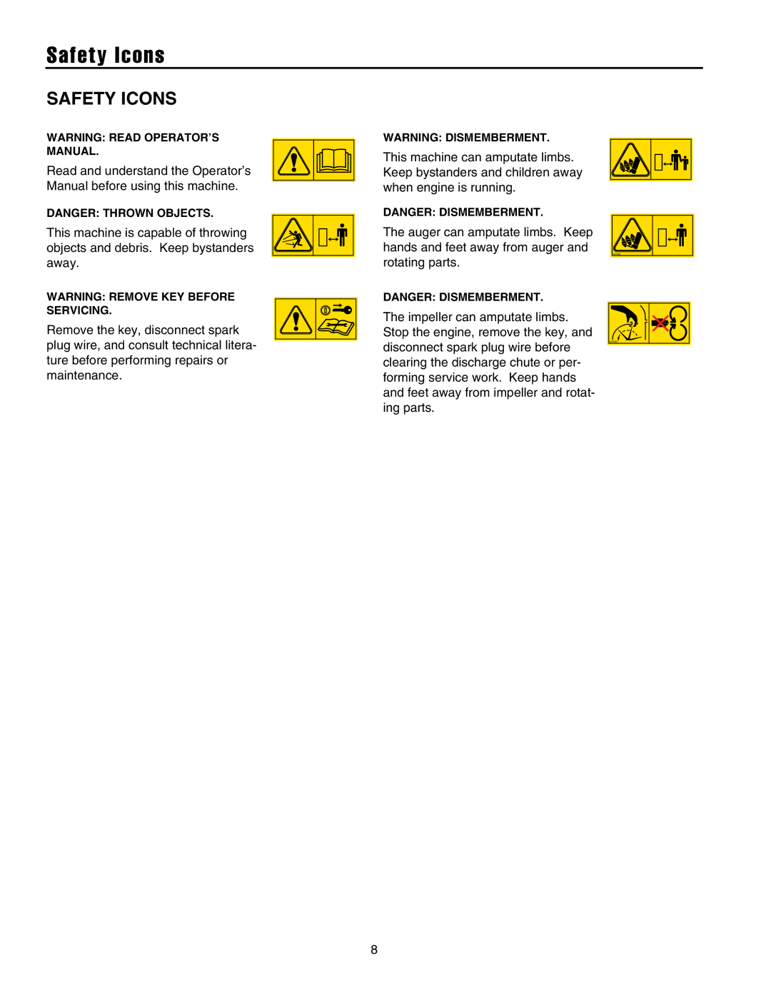 Snapper 8526, 9528, 10530, 11532 manual Safety Icons 