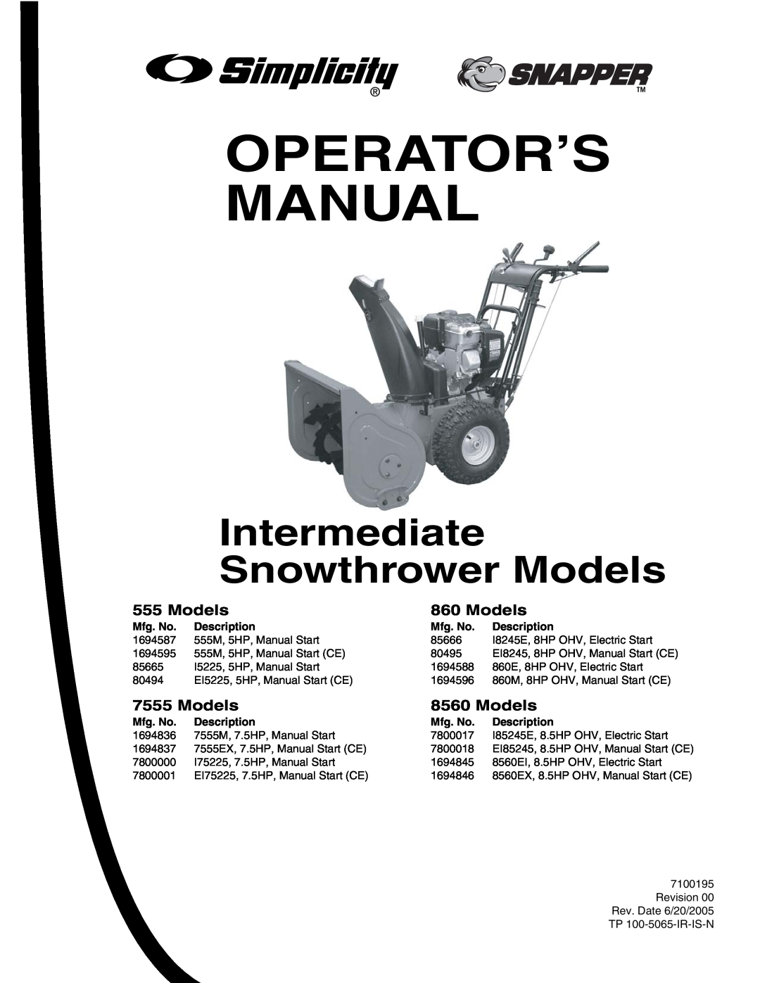 Snapper 860 manual Intermediate Snowthrower Models, Operator’S Manual 