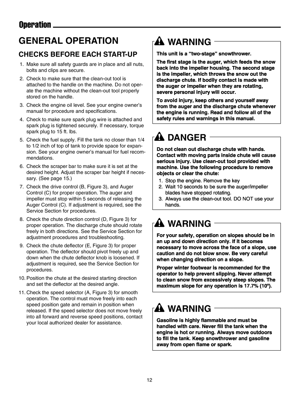 Snapper 860 manual Checks Before Each Start-Up, General Operation, Danger 