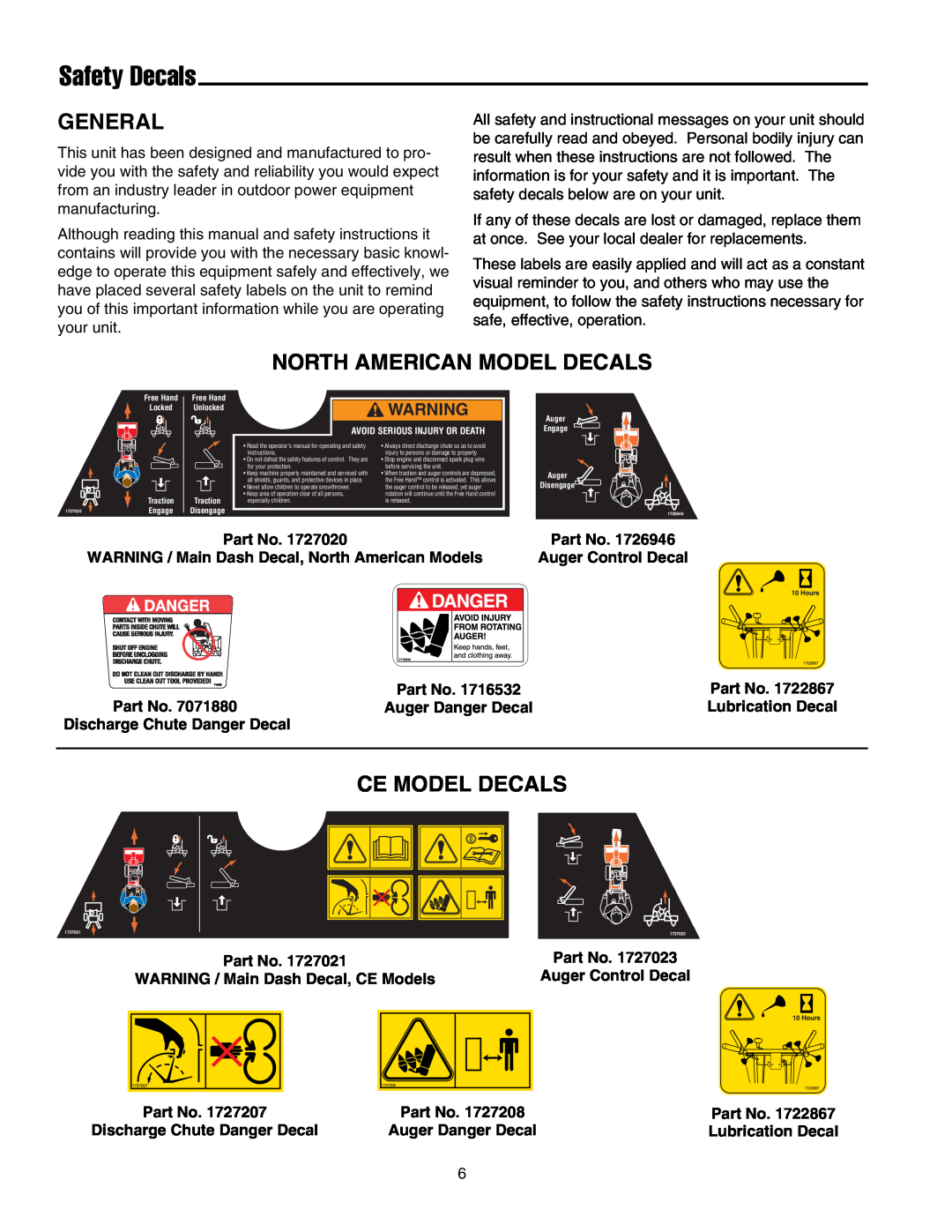 Snapper 860 manual Safety Decals, General, North American Model Decals, Ce Model Decals 
