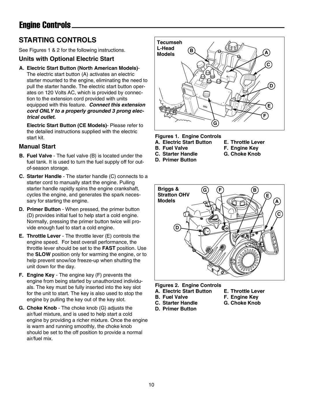 Snapper 860 manual Engine Controls, Starting Controls, Units with Optional Electric Start, Manual Start 