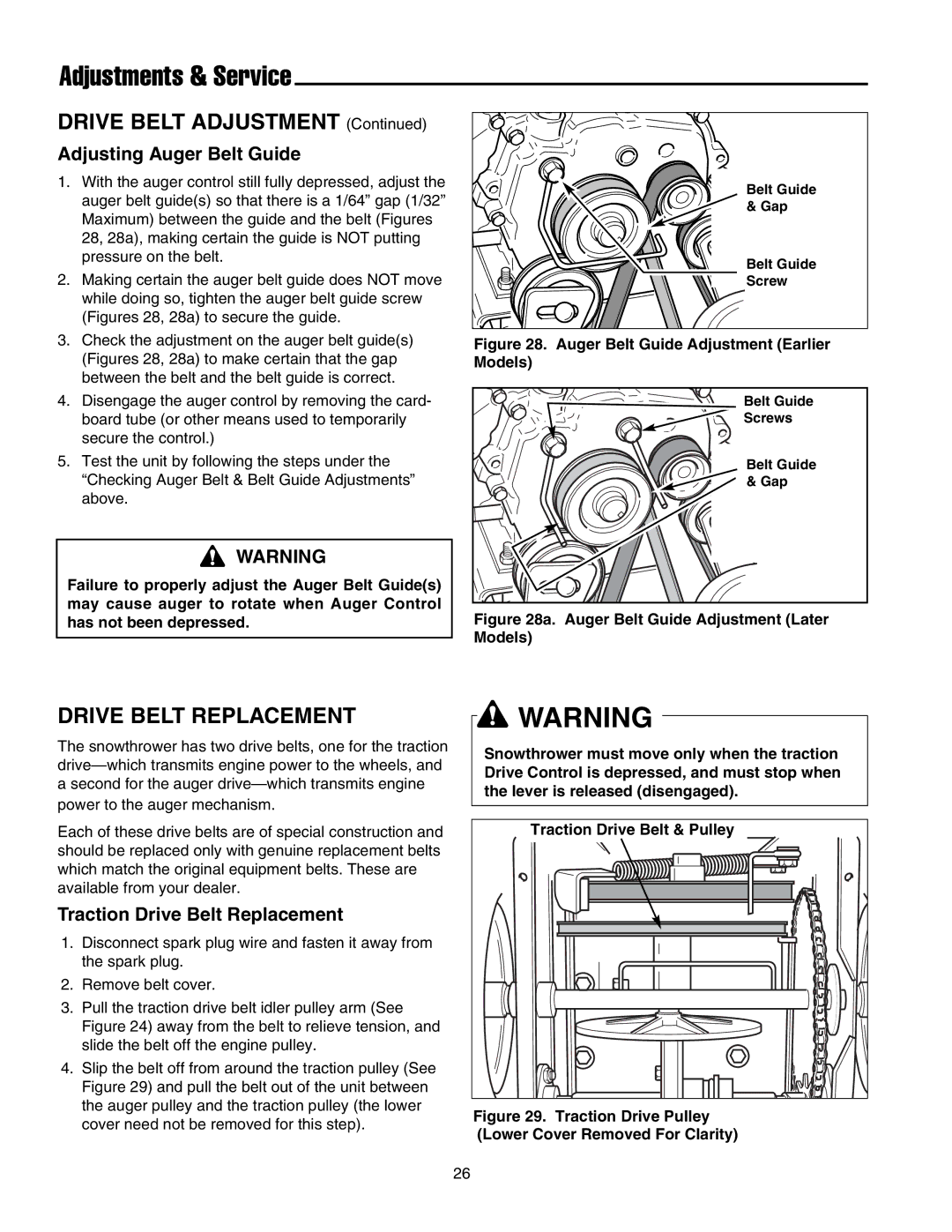 Snapper 860 manual Adjustments & Service, Adjusting Auger Belt Guide, Traction Drive Belt Replacement 