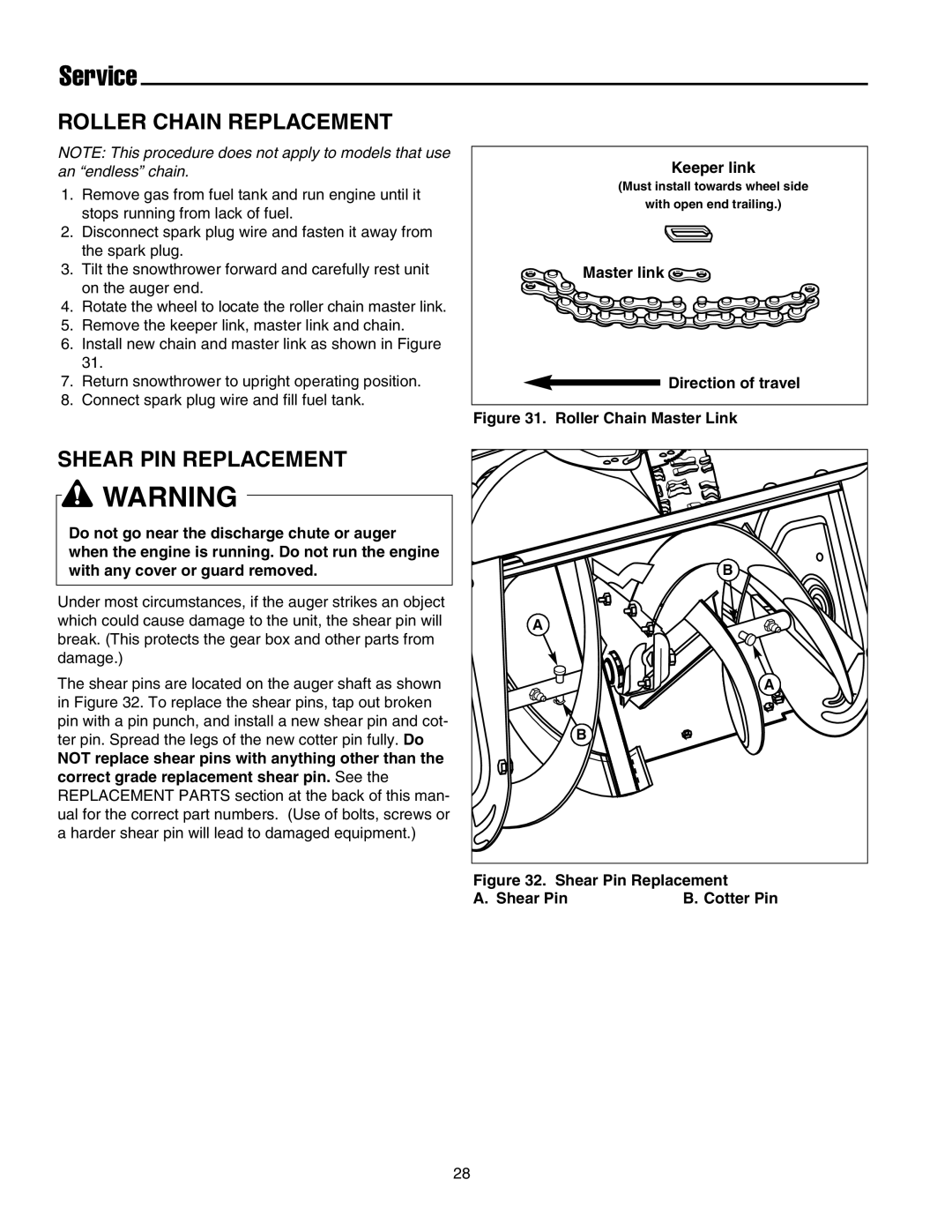 Snapper 860 manual Roller Chain Replacement, Shear PIN Replacement 