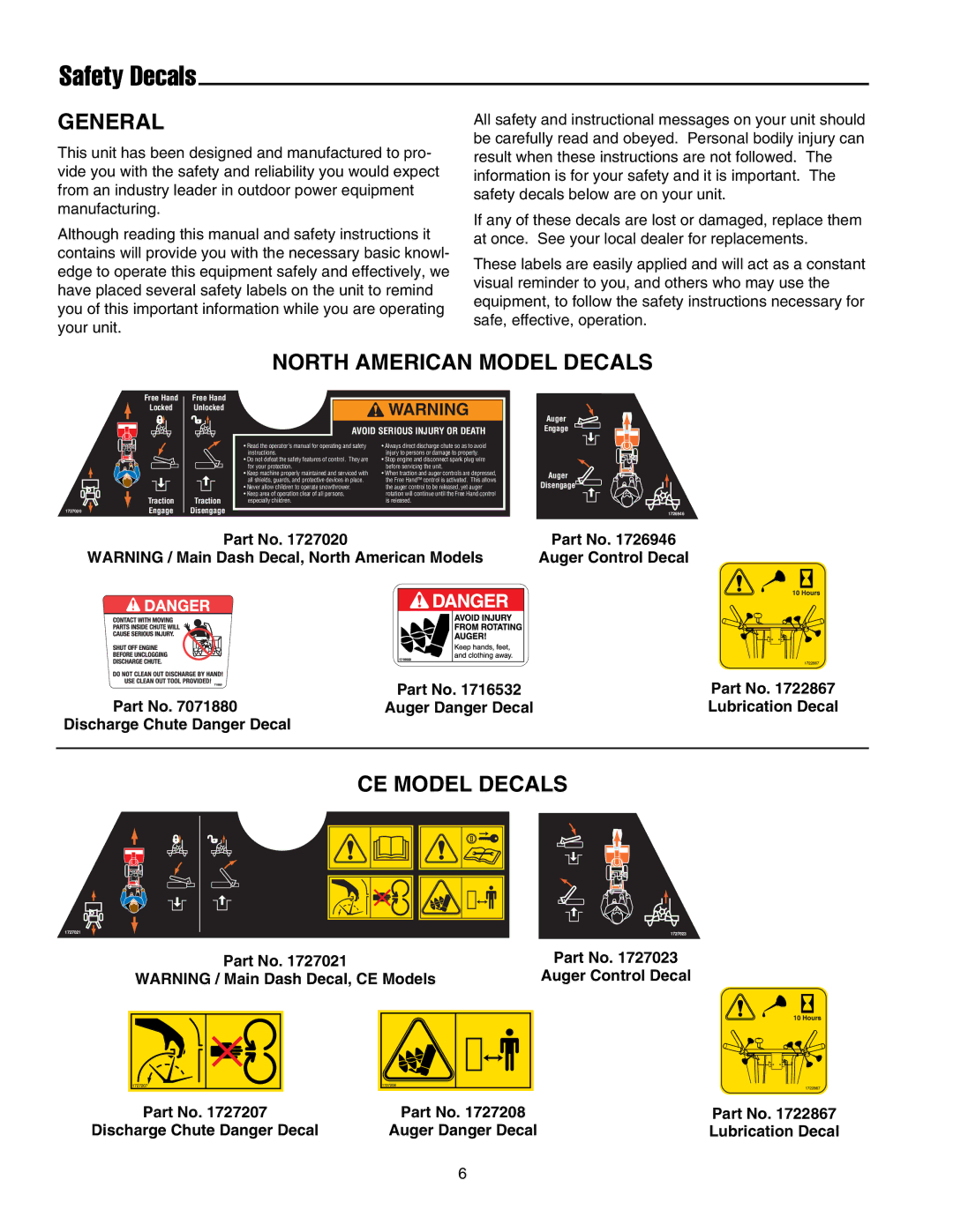 Snapper 860 manual Safety Decals, General, North American Model Decals, CE Model Decals 