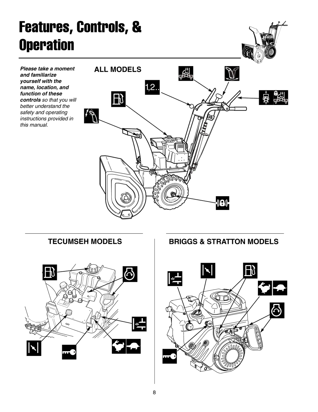 Snapper 860 manual Features, Controls, & Operation, ALL Models Tecumseh Models Briggs & Stratton Models 