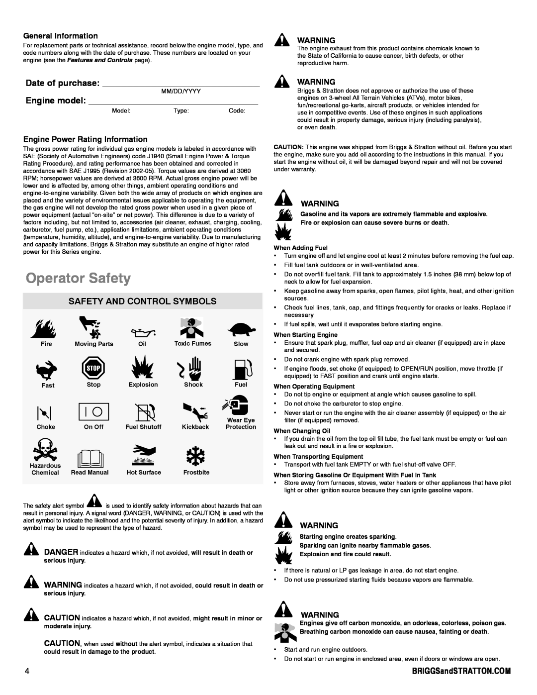 Snapper 90000 manual Operator Safety, Date of purchase, Engine model, Safety And Control Symbols, General Information 
