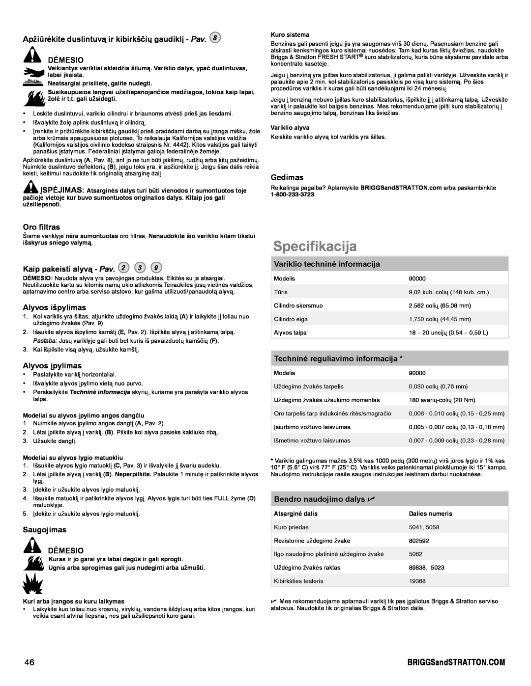 Snapper 90000 manual Specifikacija, Apžiūrėkite duslintuvą ir kibirkščių gaudiklį - Pav DĖMESIO, Gedimas, Oro filtras 