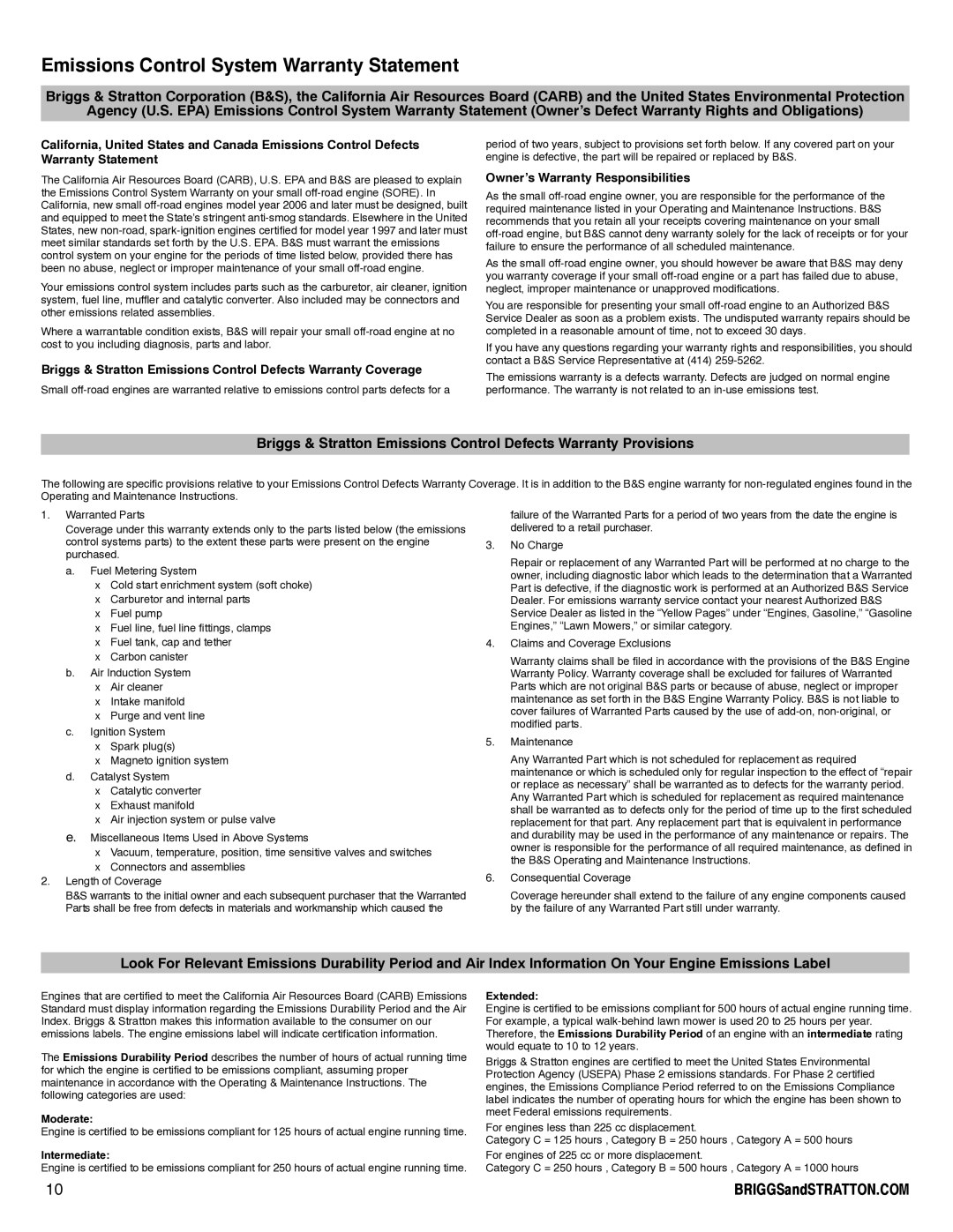 Snapper 90000 manual Emissions Control System Warranty Statement 