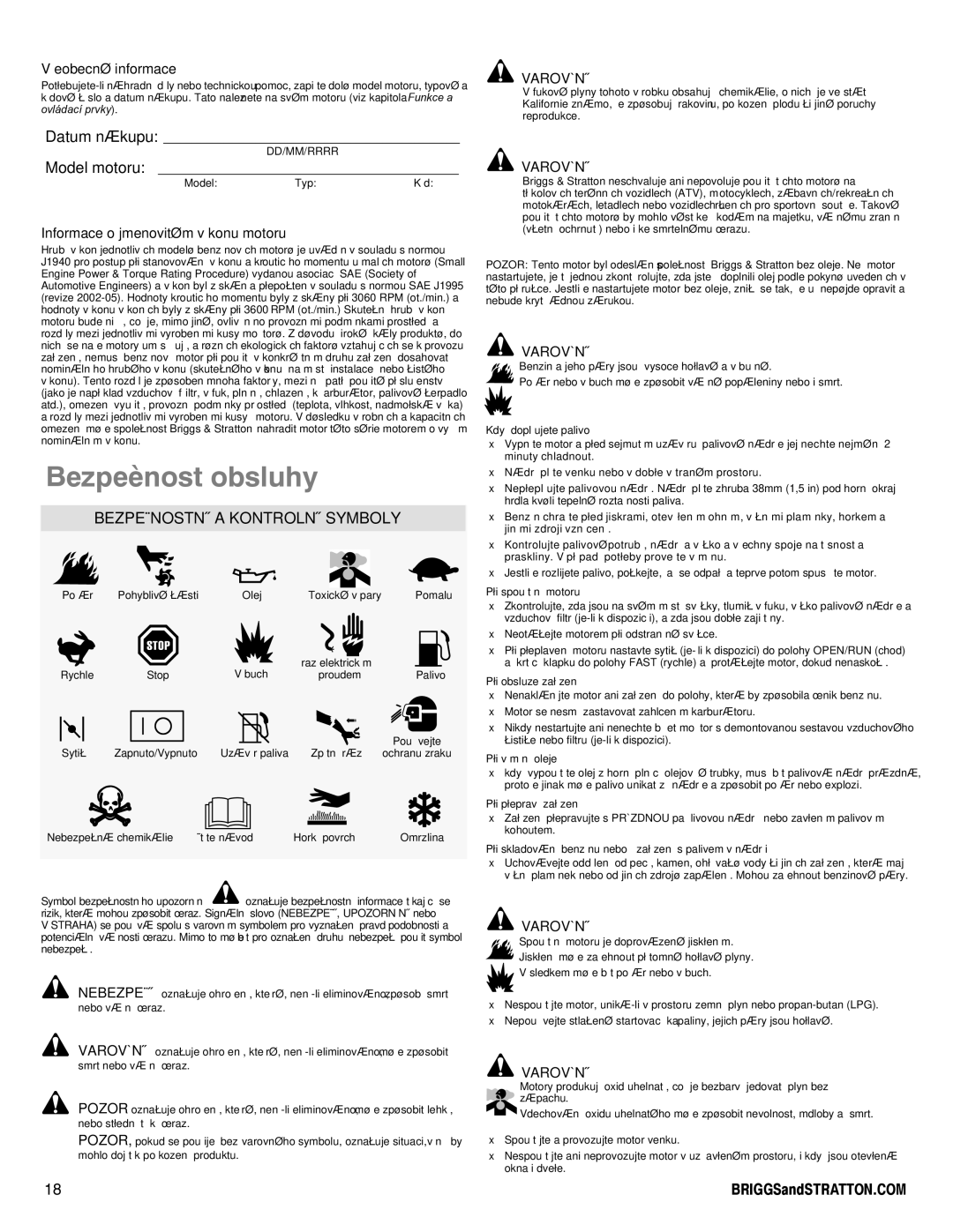 Snapper 90000 manual Datum nákupu, Model motoru, Bezpeènostní a Kontrolní Symboly, Varování 