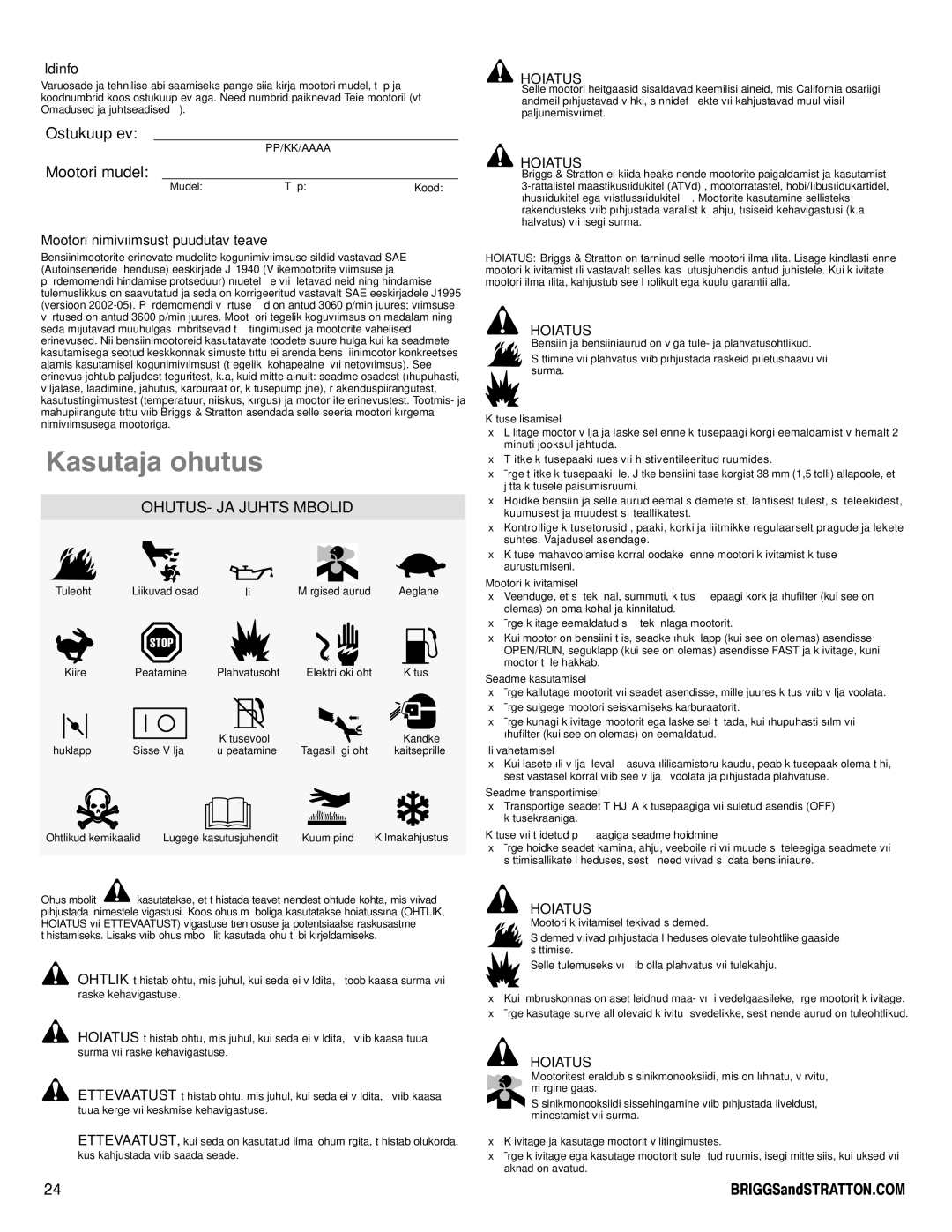 Snapper 90000 manual Ostukuupäev, Mootori mudel, OHUTUS- JA Juhtsümbolid, Hoiatus 