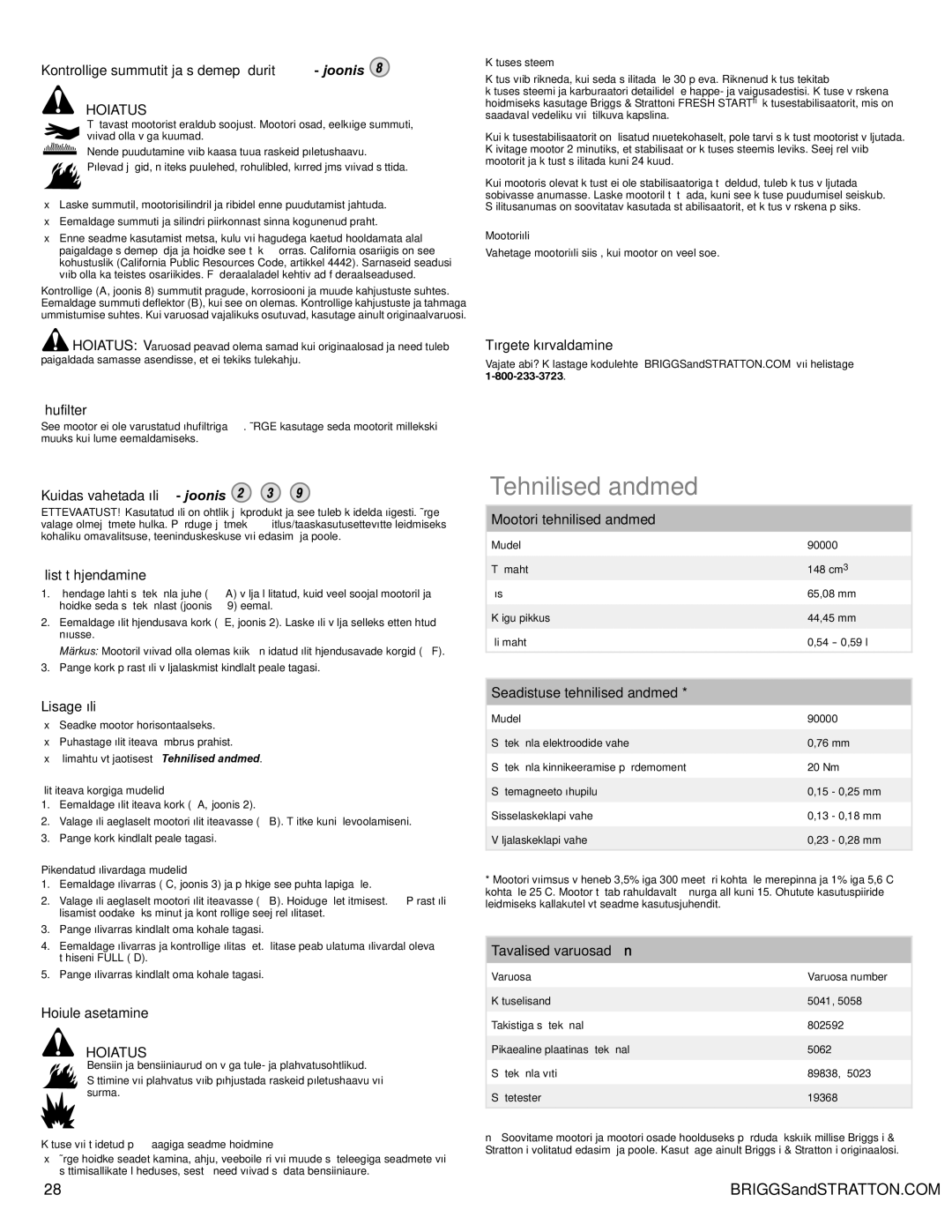 Snapper 90000 manual Tehnilised andmed 