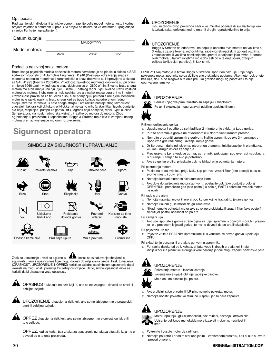 Snapper 90000 manual Datum kupnje, Model motora, Simboli ZA Sigurnost I Upravljanje, Upozorenje 