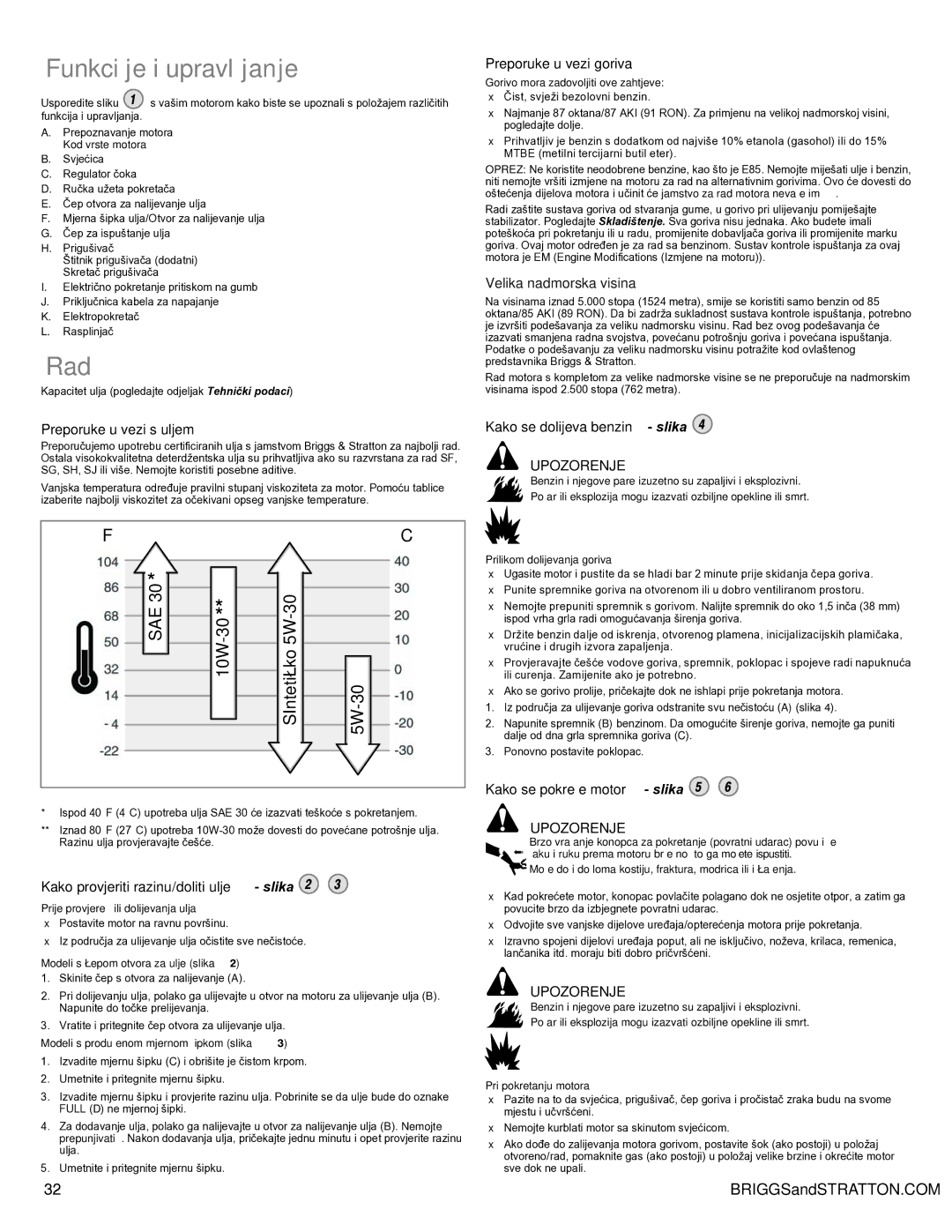 Snapper 90000 manual Funkcije i upravljanje, Rad, Velika nadmorska visina 