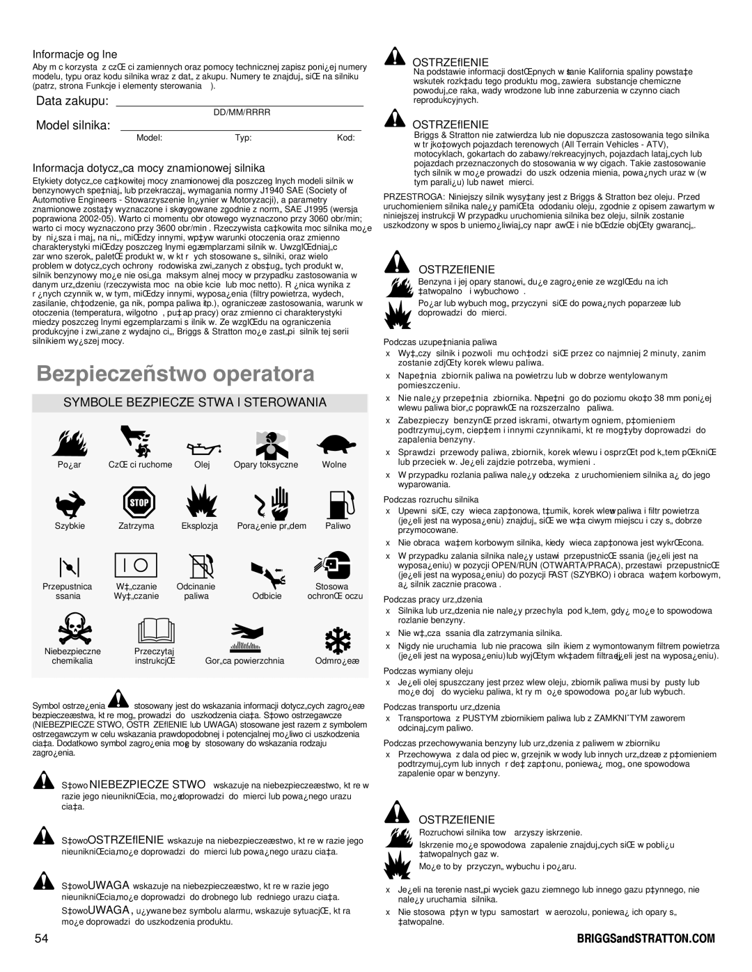 Snapper 90000 manual Data zakupu, Model silnika, Symbole Bezpieczeñstwa I Sterowania, Ostrze¯Enie 