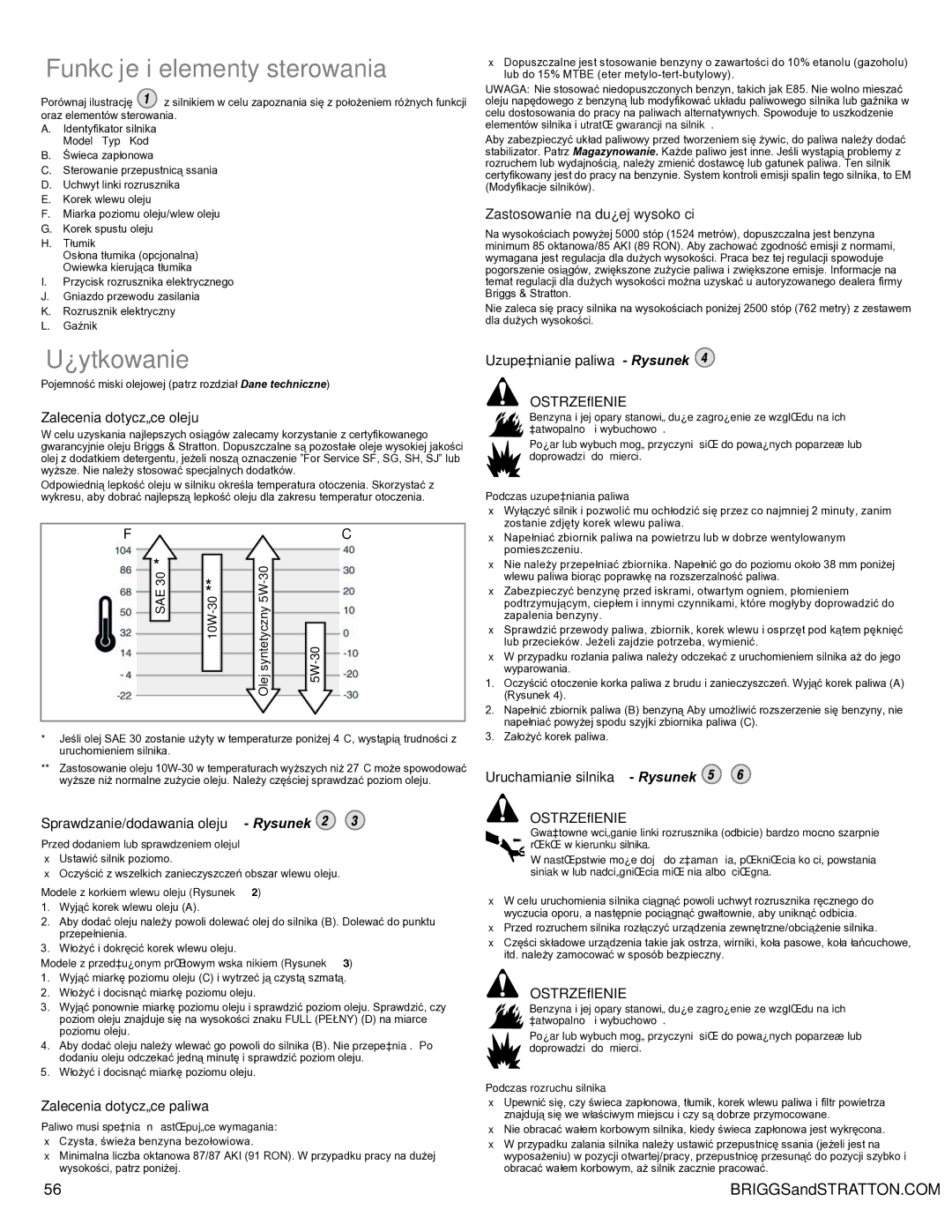 Snapper 90000 manual Funkcje i elementy sterowania, ¿ytkowanie, Zastosowanie na du¿ej wysokoœci 