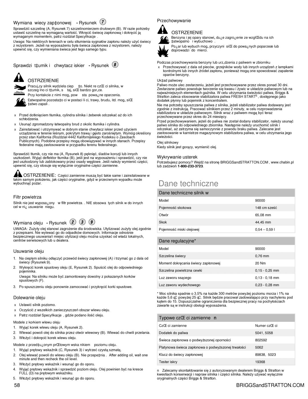 Snapper 90000 manual Dane techniczne 