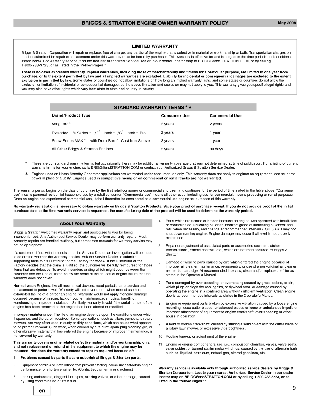 Snapper 90000 manual Briggs & Stratton Engine Owner Warranty Policy 