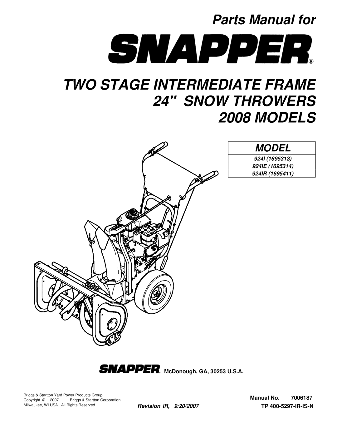 Snapper 924IR, 924IE manual TWO Stage Intermediate Frame 24 Snow Throwers 2008 Models 