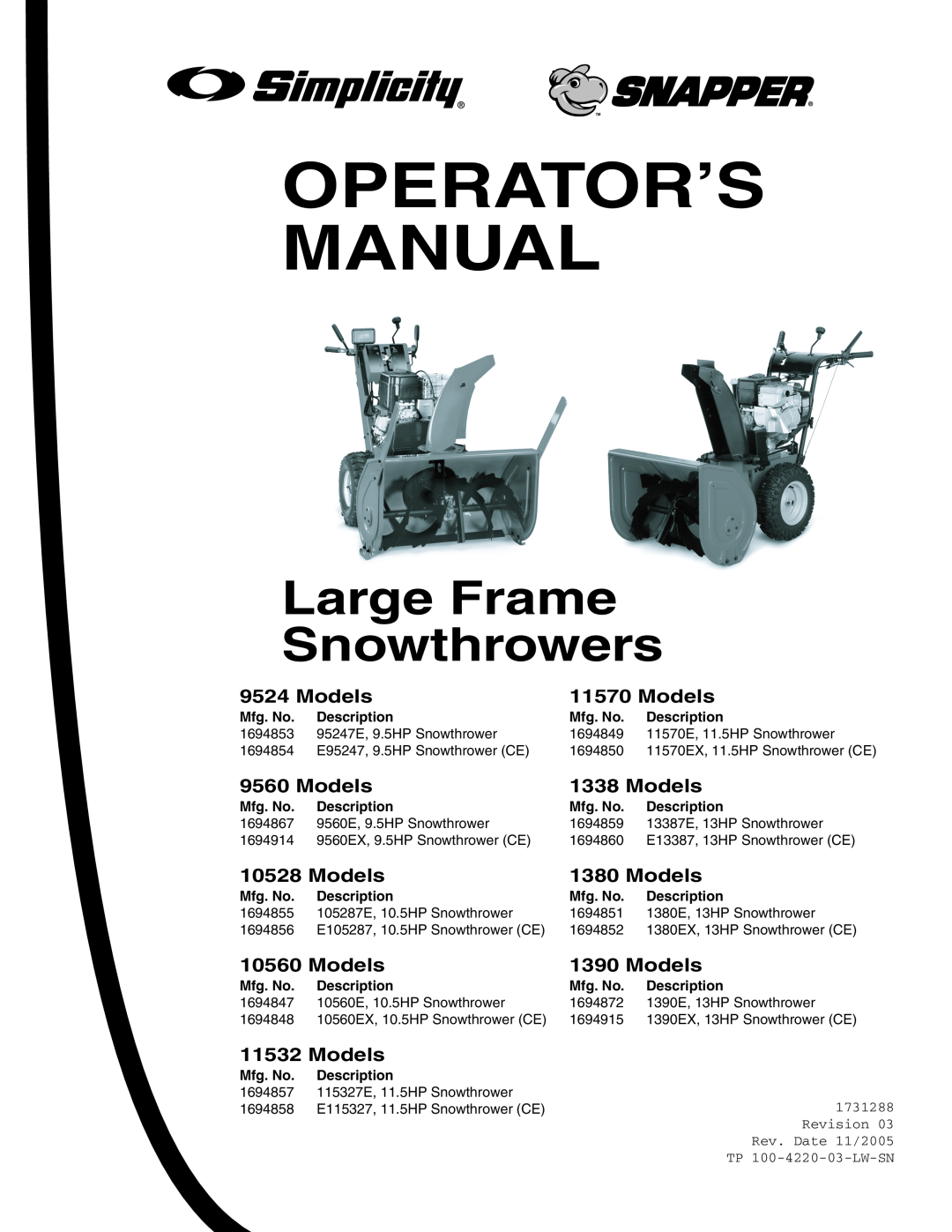 Snapper 9560, 9524, 1390, 1338, 11570, 1380, 11532, 10560, 10528 manual Operator’S Manual, Large Frame Snowthrowers 