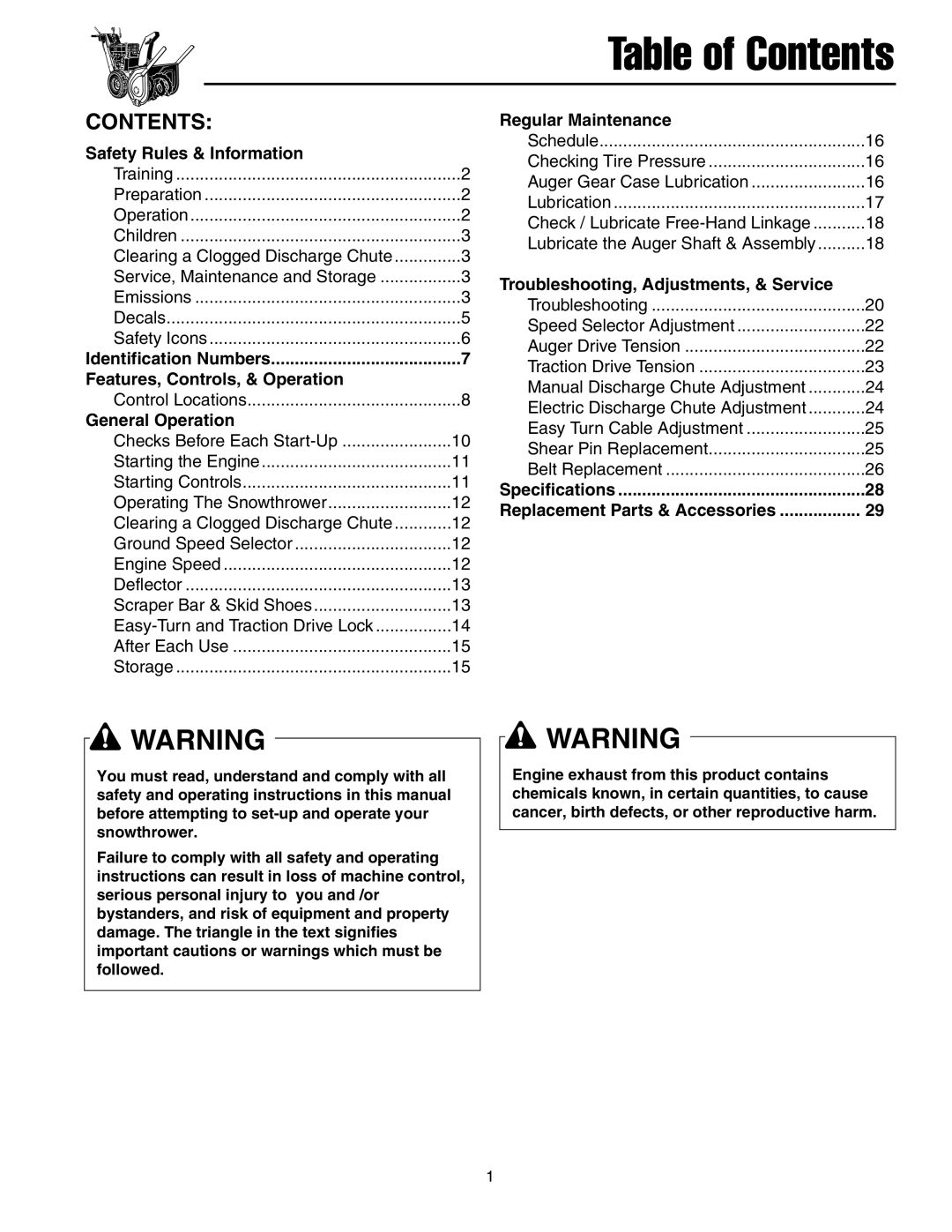 Snapper 1390 Table of Contents, Regular Maintenance, Safety Rules & Information, Troubleshooting, Adjustments, & Service 