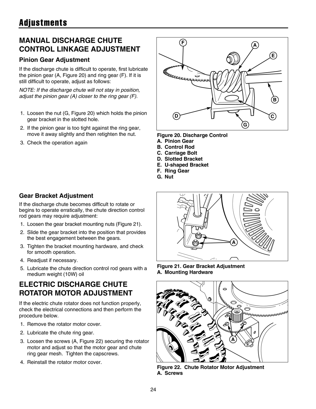 Snapper 10560, 9524, 9560, 1390, 1338 Adjustments, Manual Discharge Chute Control Linkage Adjustment, Pinion Gear Adjustment 