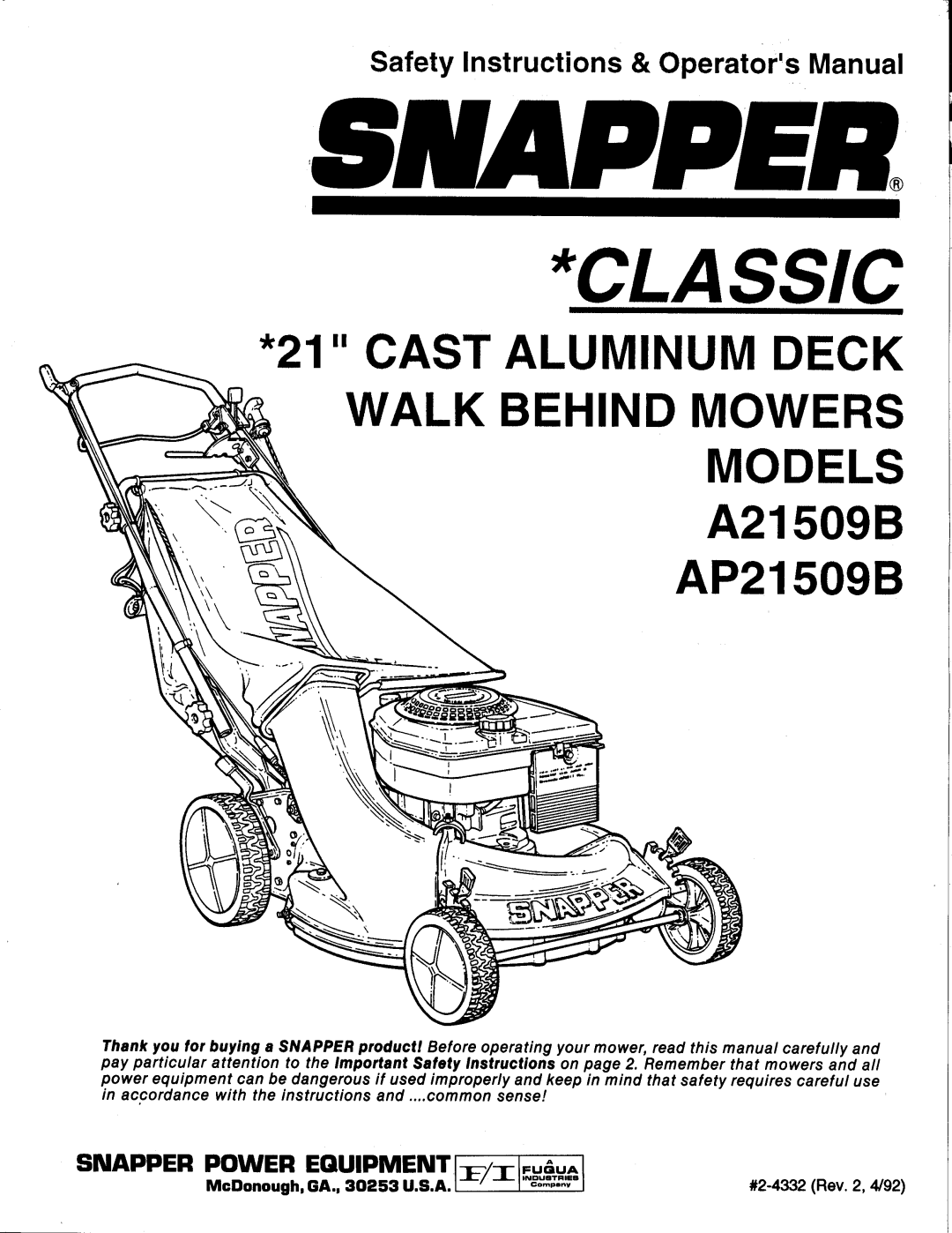 Snapper AP21509B manual 