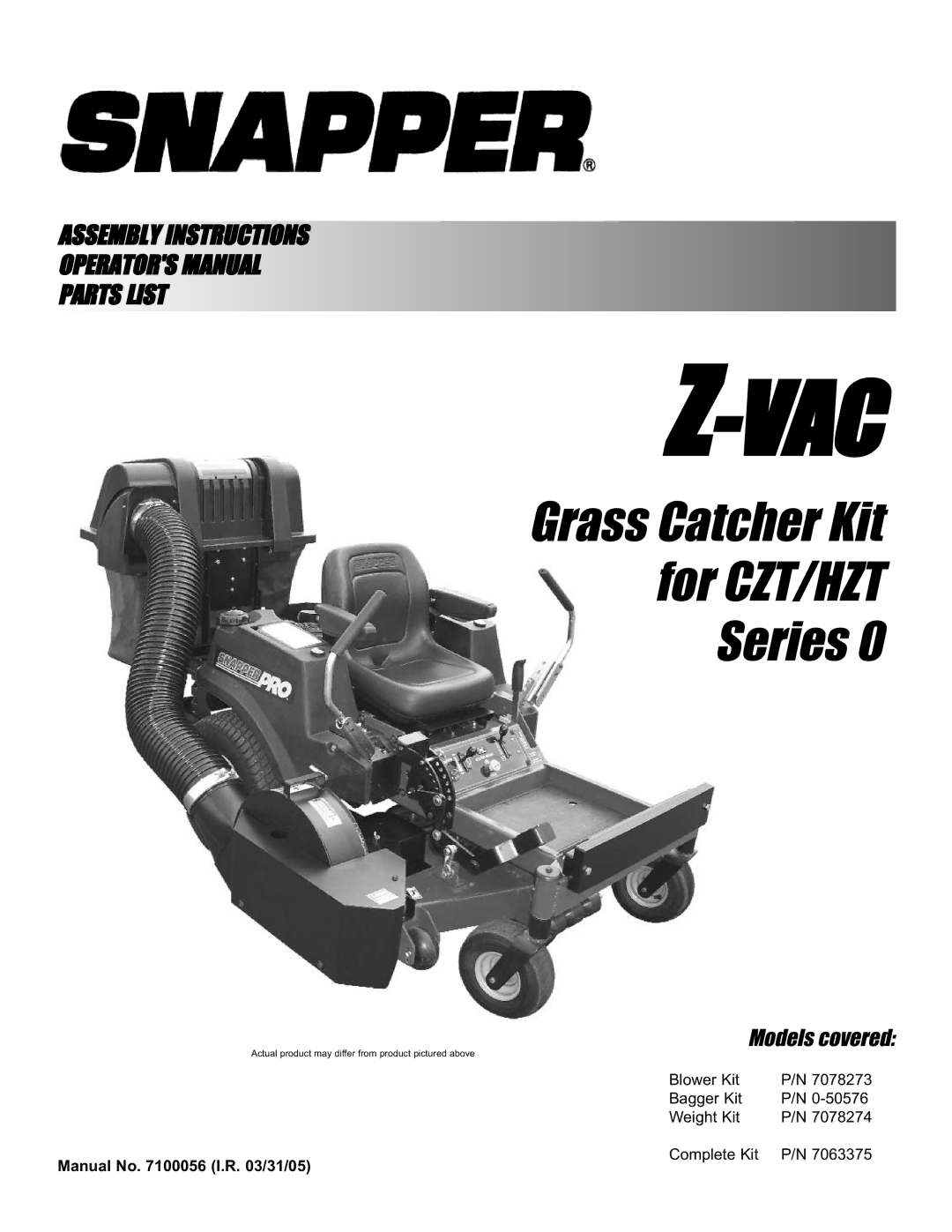 Snapper P/N 7078274, BH500 manual Vac 