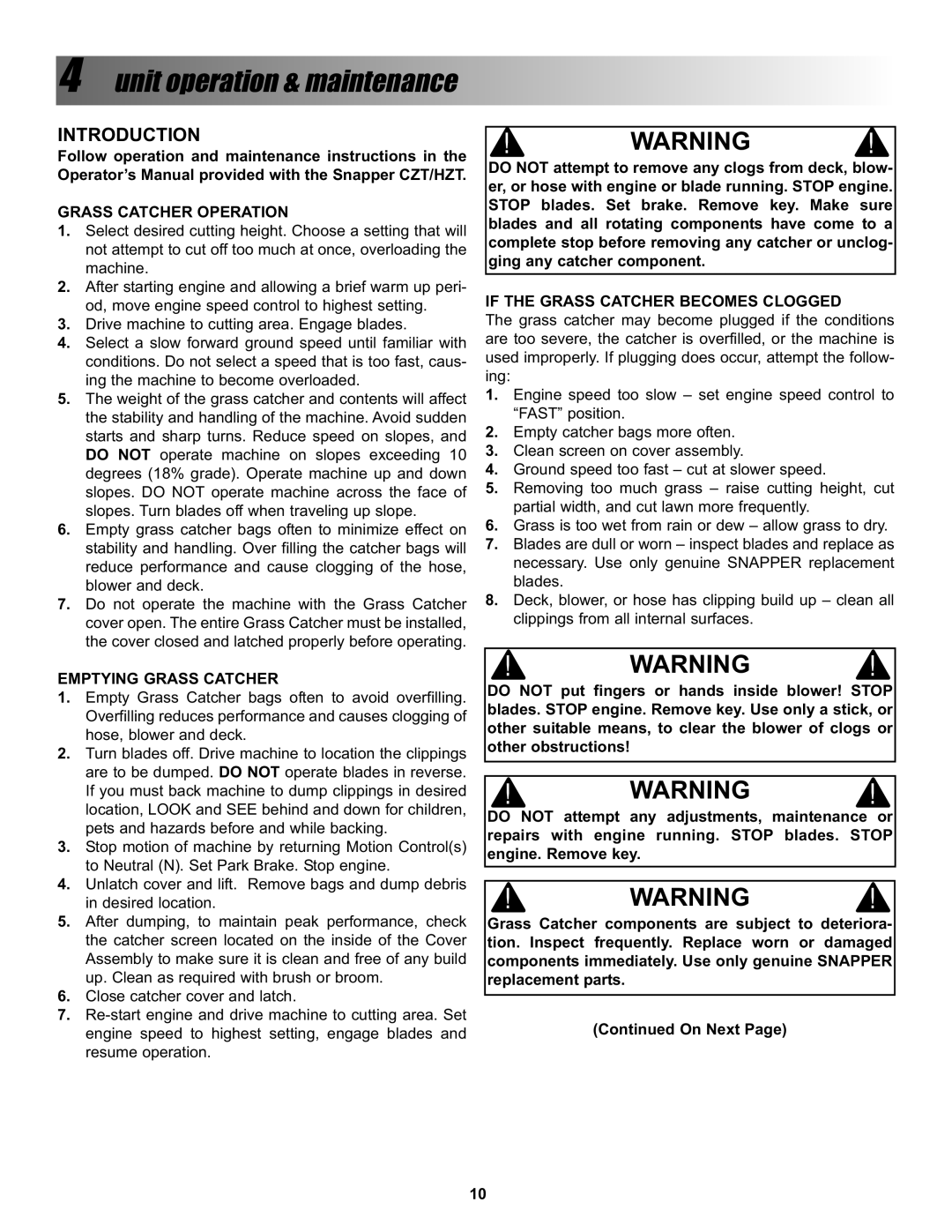 Snapper BH500, P/N 7078274 manual Unit operation & maintenance, Introduction 