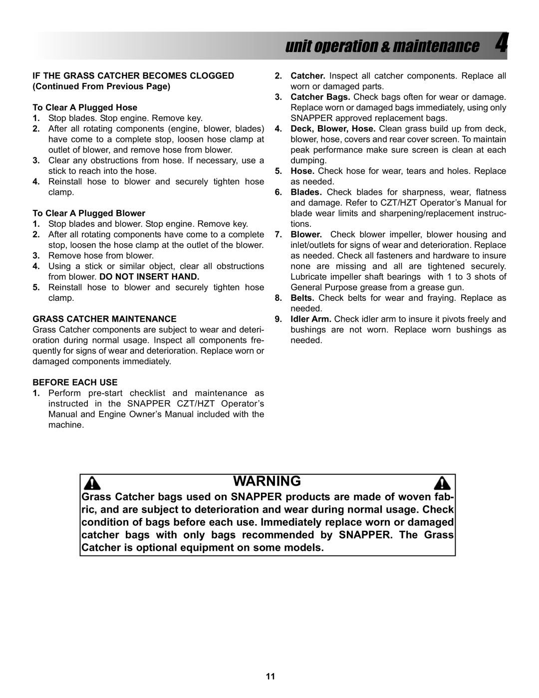 Snapper P/N 7078274, BH500 manual Grass Catcher Maintenance 