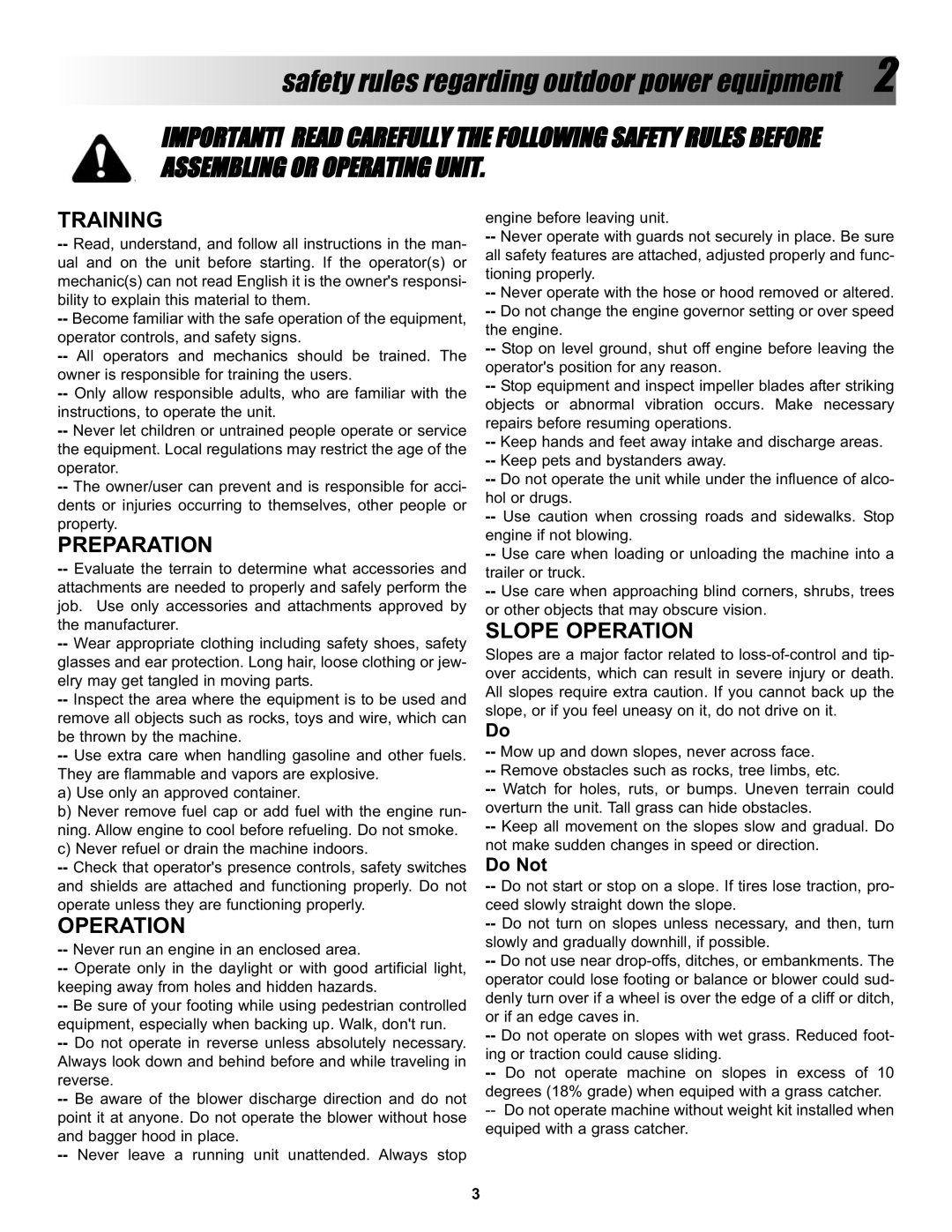 Snapper P/N 7078274, BH500 manual Safety rules regarding outdoor power equipment, Training 