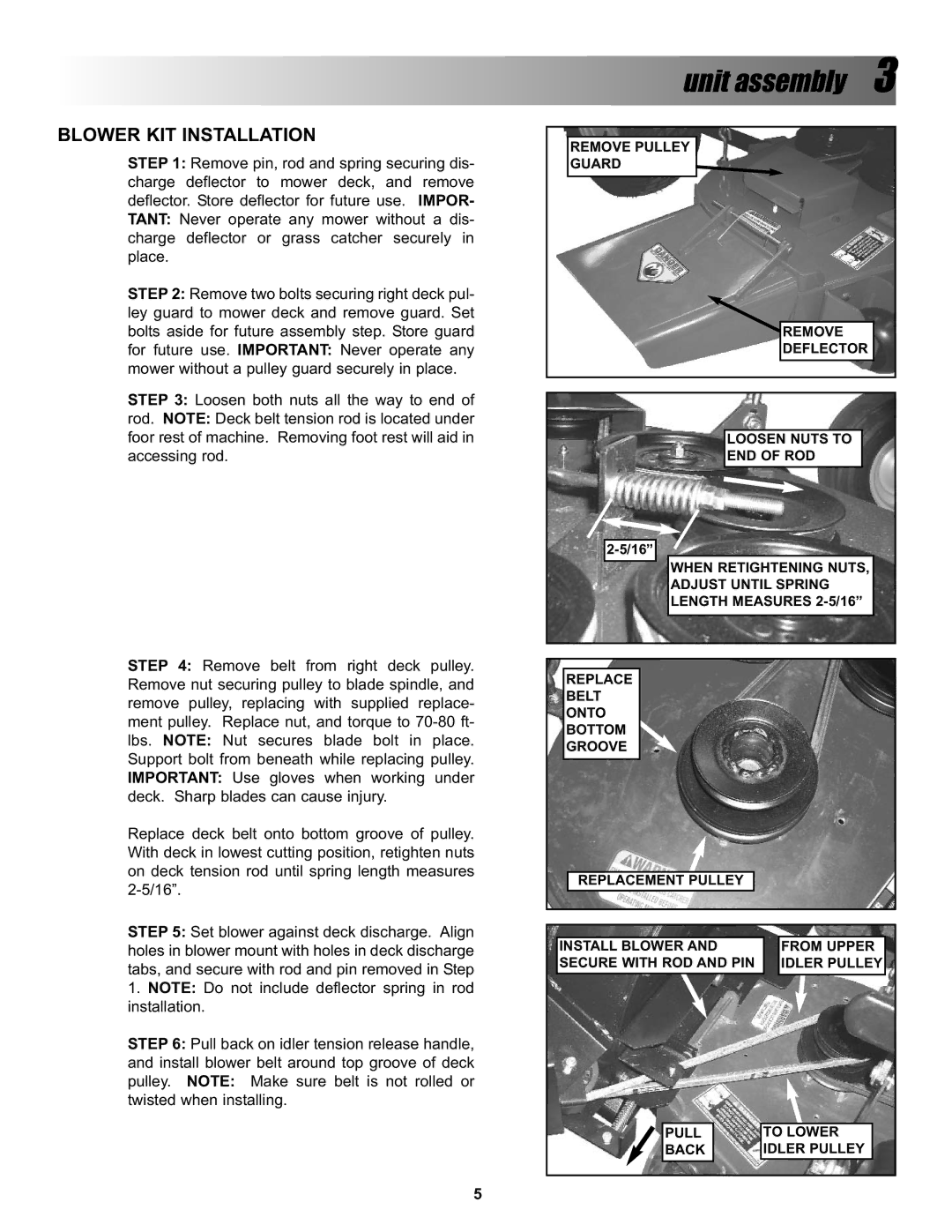 Snapper P/N 7078274, BH500 manual Unit assembly, Blower KIT Installation 