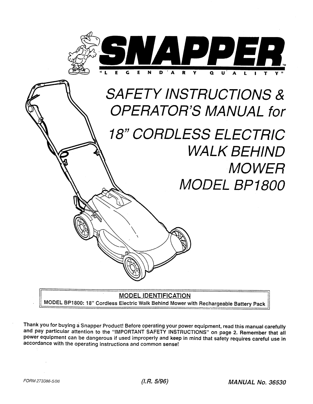 Snapper BP1800 manual 