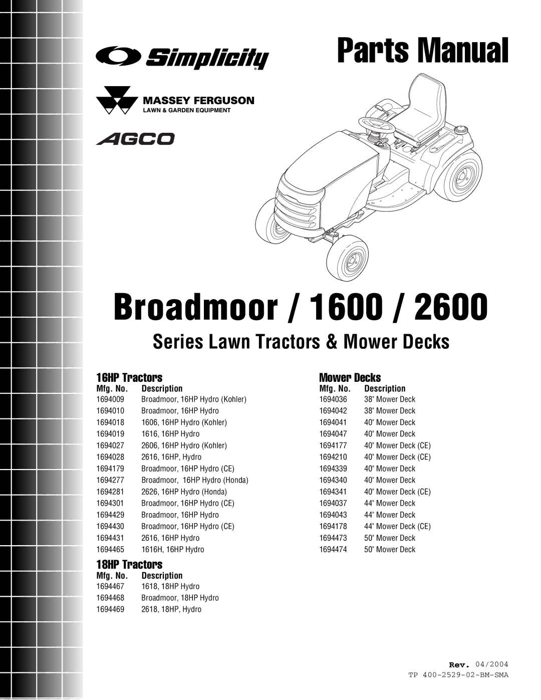 Snapper Broadmoor 2600 manual Broadmoor / 1600 