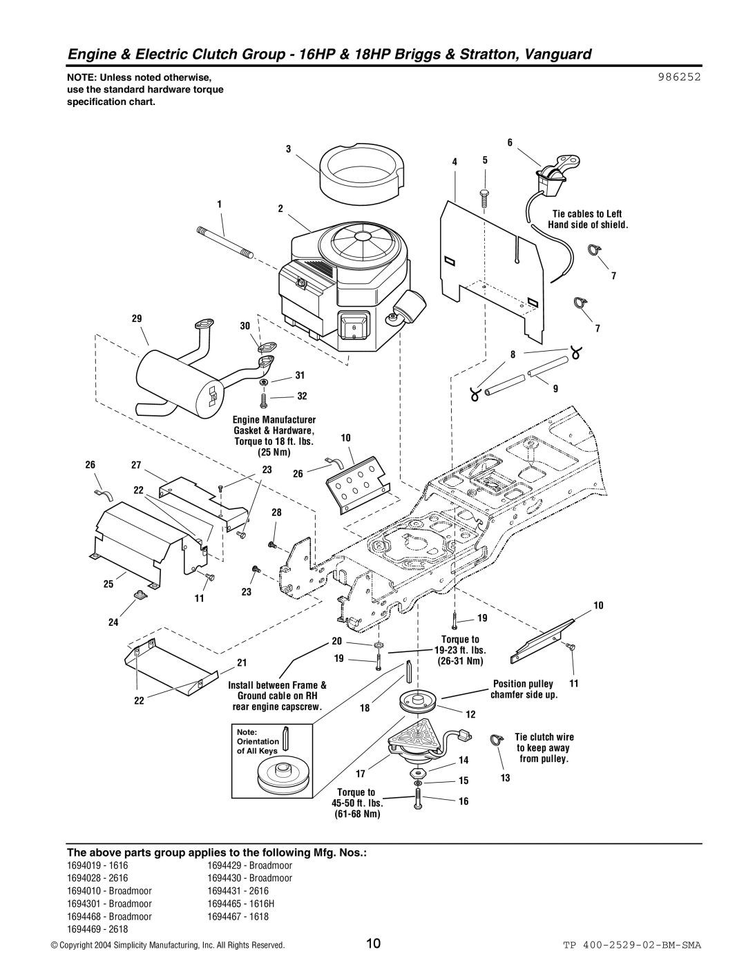 Snapper Broadmoor 2600 manual 986252, Torque to 19-23 ft. lbs 26-31 Nm 